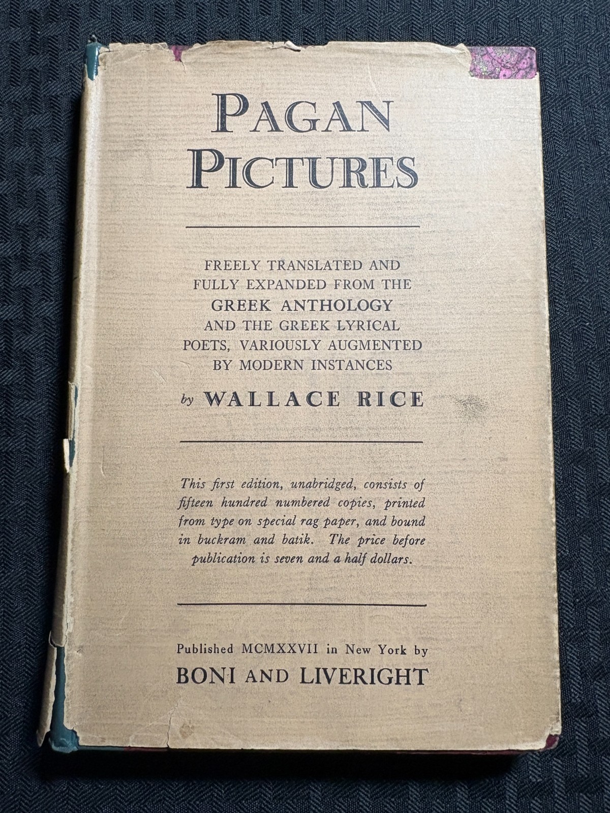 1927 PAGAN PICTURES by Wallace Rice HC/DJ VG/GD+ Boni & Liveright #185/1600