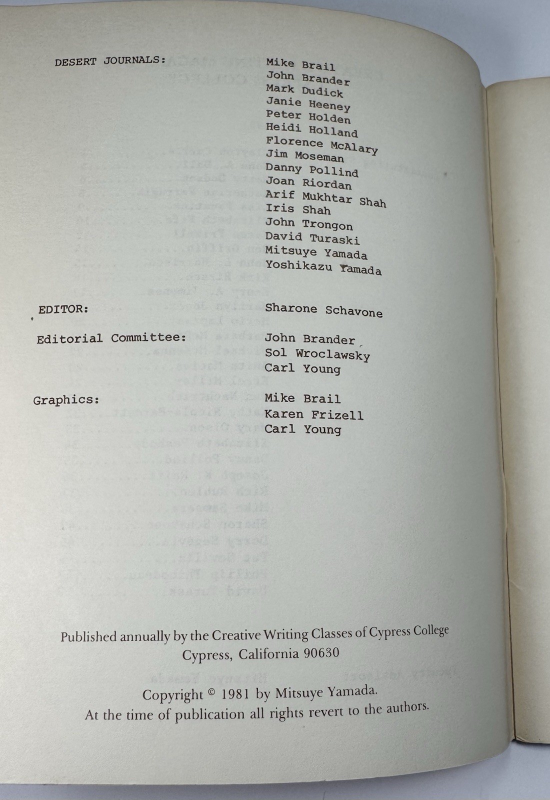 Finger Spasms Cypress Creative Writing Magazine Activist Mitsuye Yamada Advisor