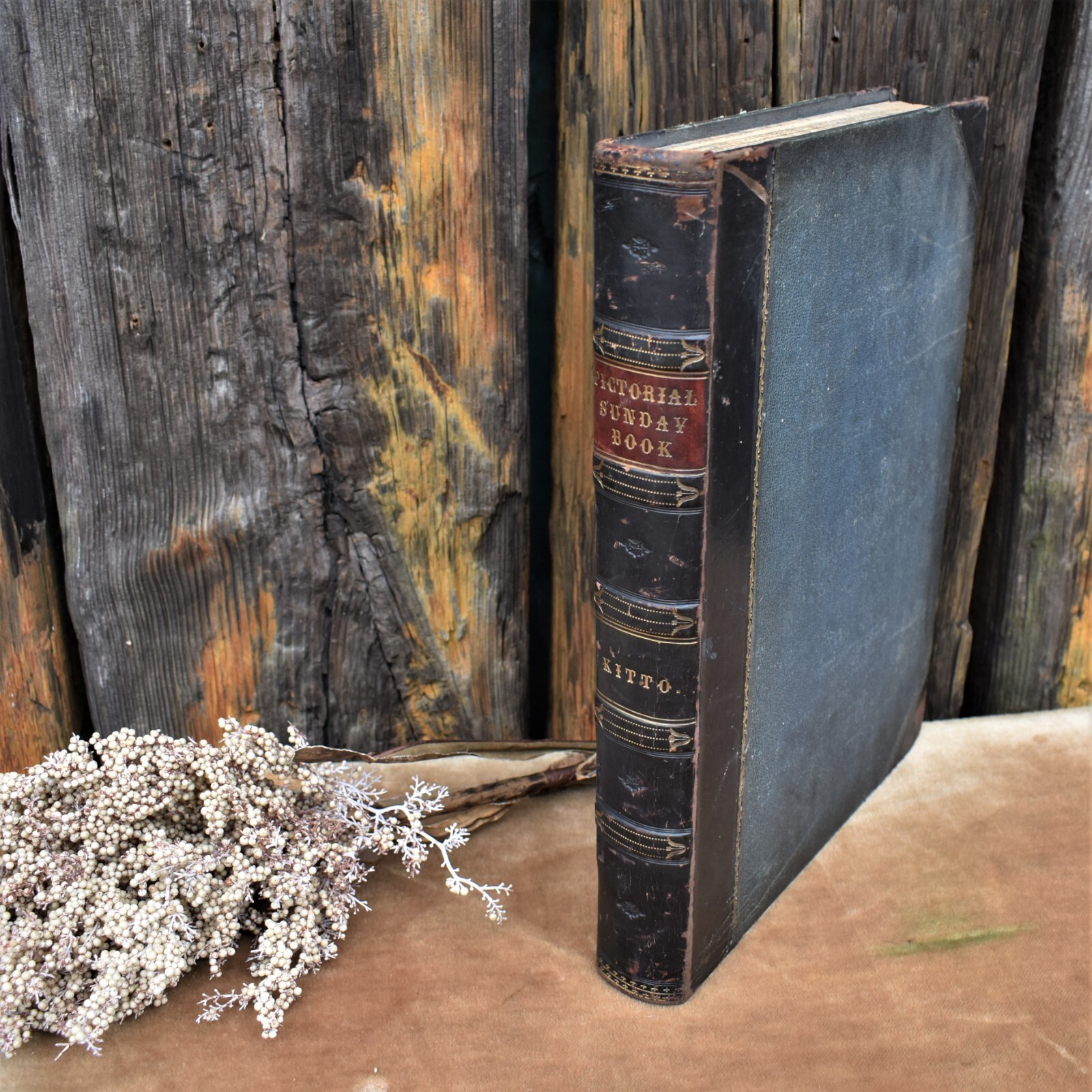 Antique 1873 Pictorial Sunday John Kitta Illustrated Prints Half Leather Book