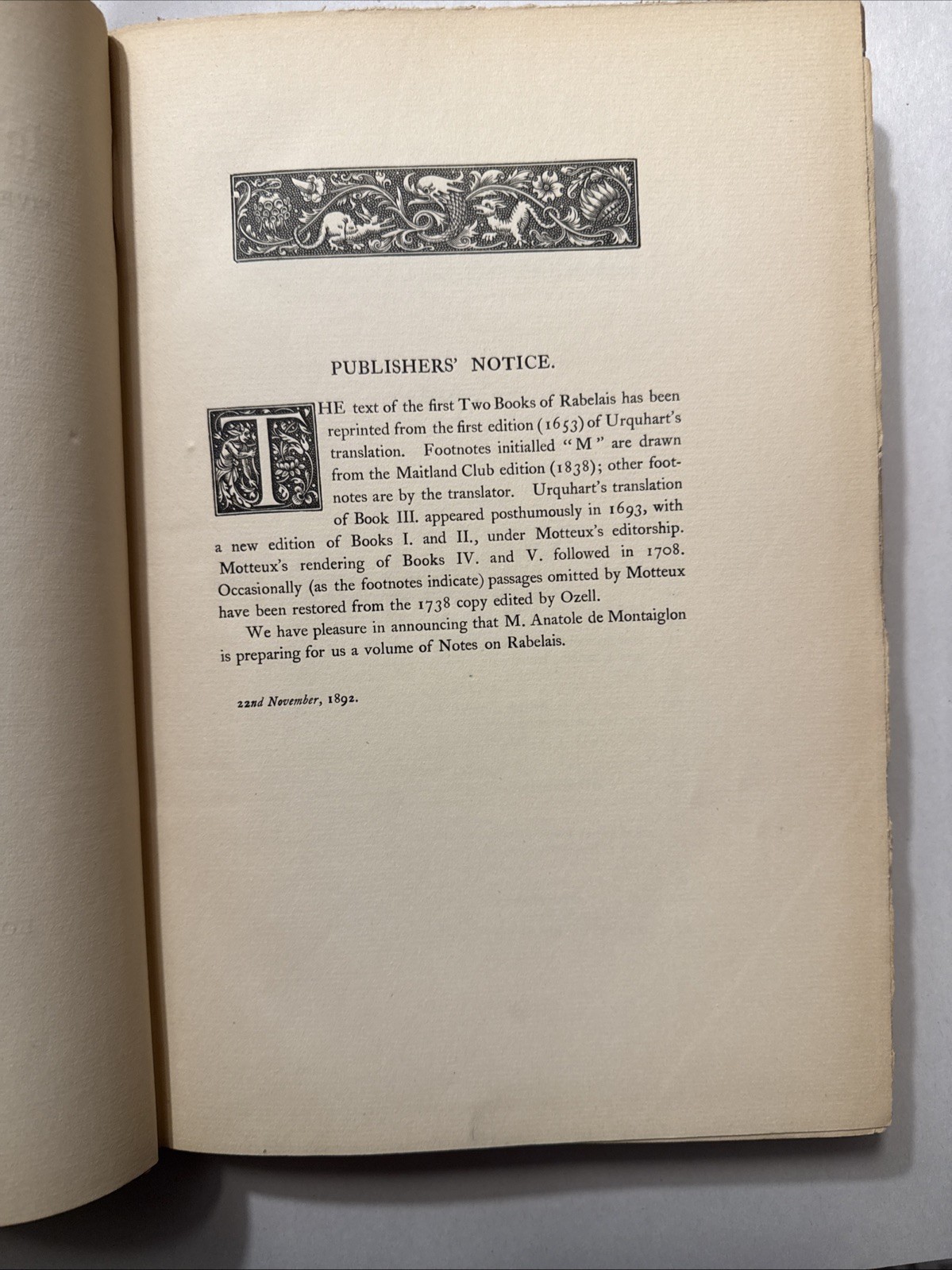 MASTER FRANCIS RABELAIS TRANSLATED BY URQUHART & MOTTEUX, VOLUMES I & II, 1892