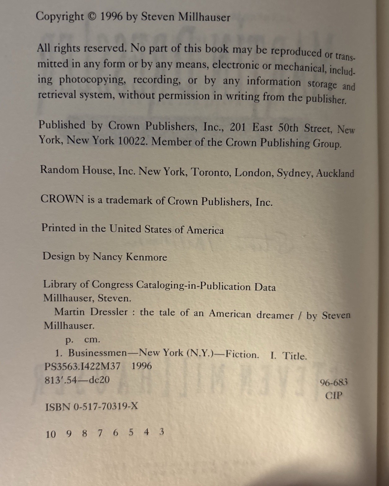 Martin Dressler: The Tale of An American Dreamer Signed by Steven Millhauser HC