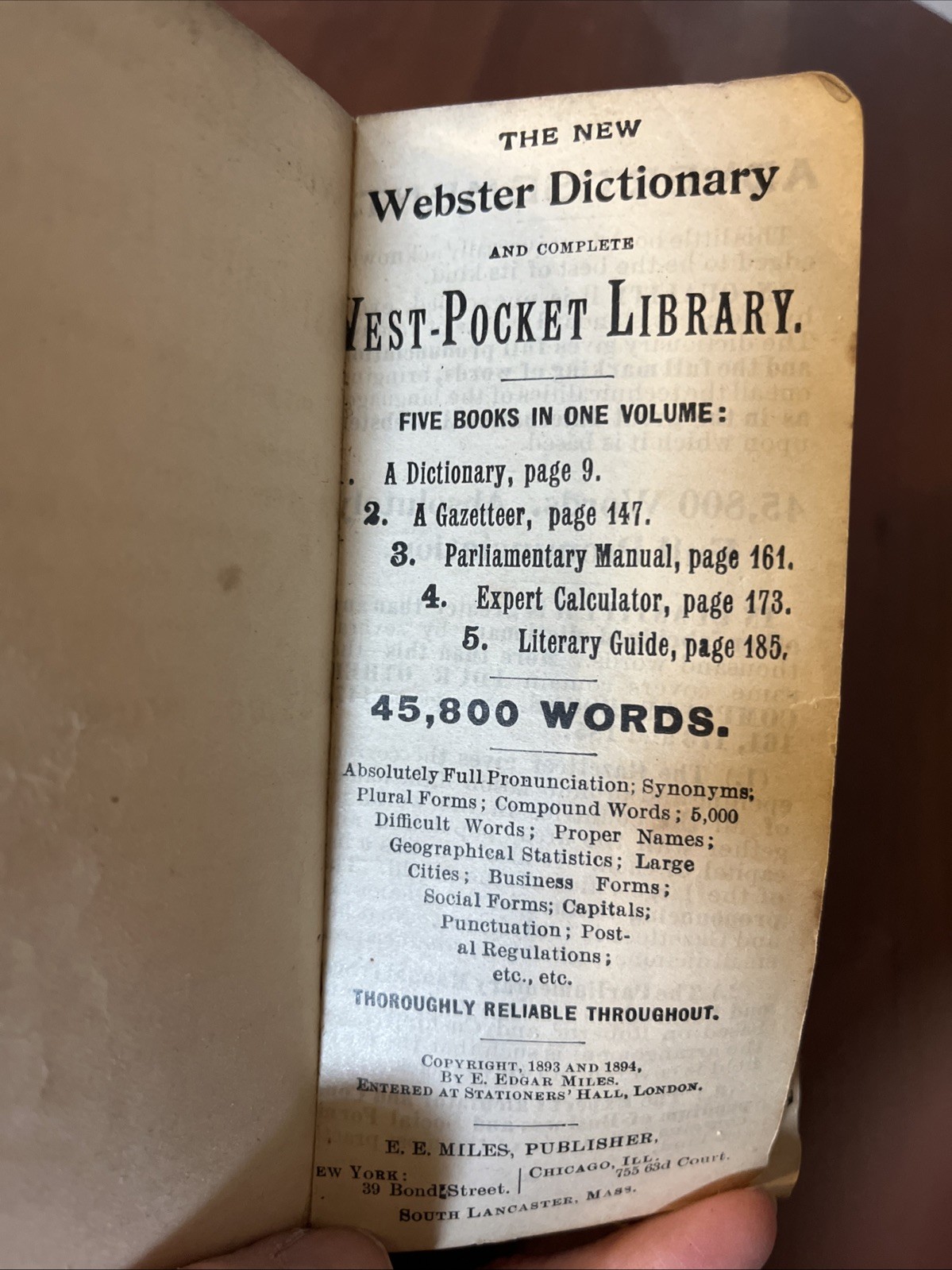 1894 The New Webster Dictionary and Complete Vest Pocket Library 45,800 Words