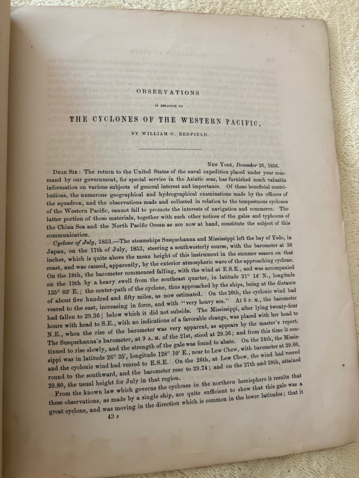 William C. Redfield, Observations Cyclones of the Westen Pacific 1857 offprint