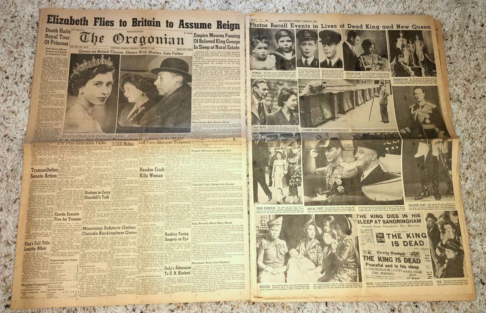 KING GEORGE VI 1952 DEATH ORIGINAL OREGONIAN NEWSPAPER FUTURE QUEEN ELIZABETH
