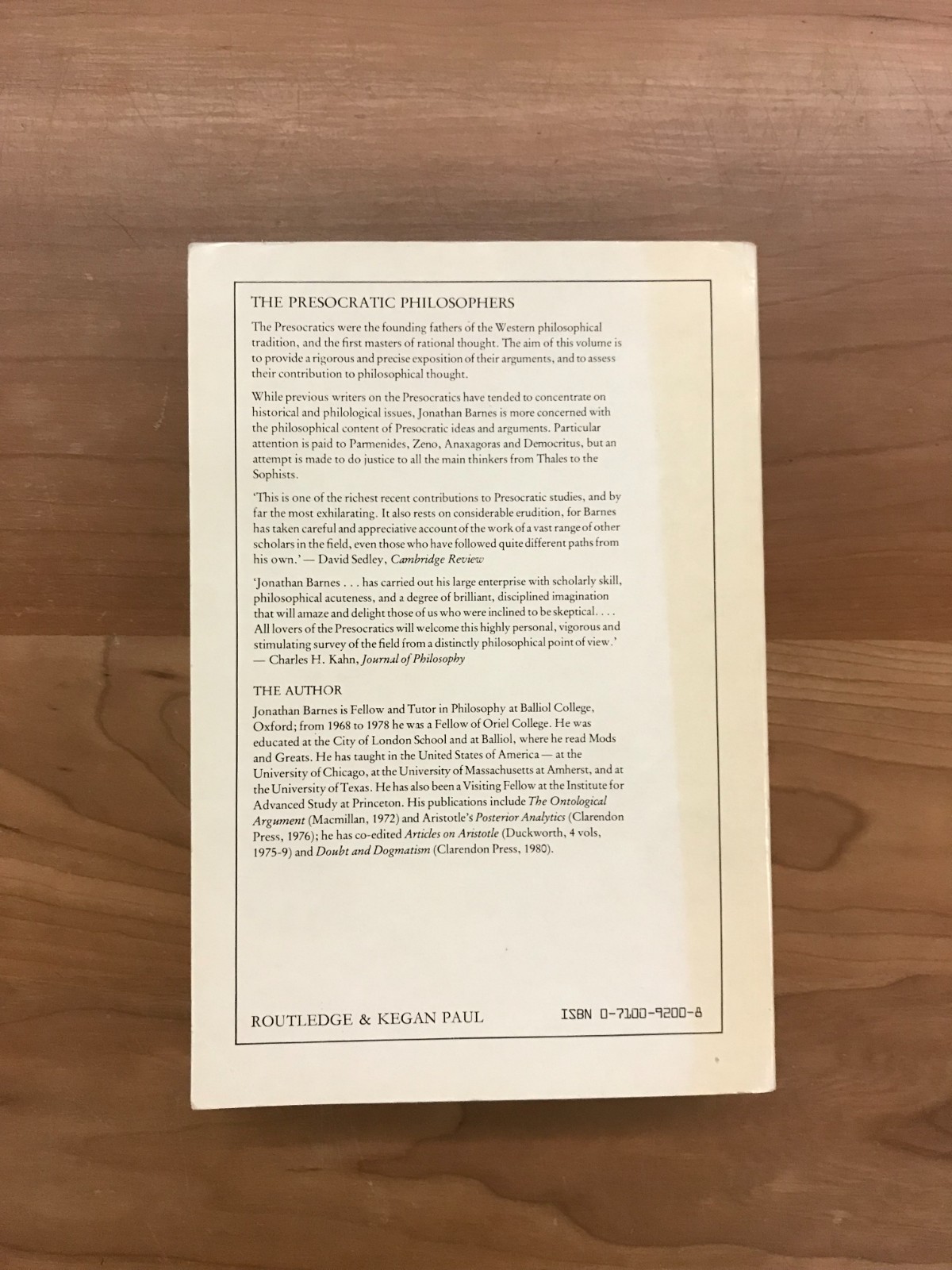 1982 Presocratic Philosophers by Jonathan Barnes Paperback Book