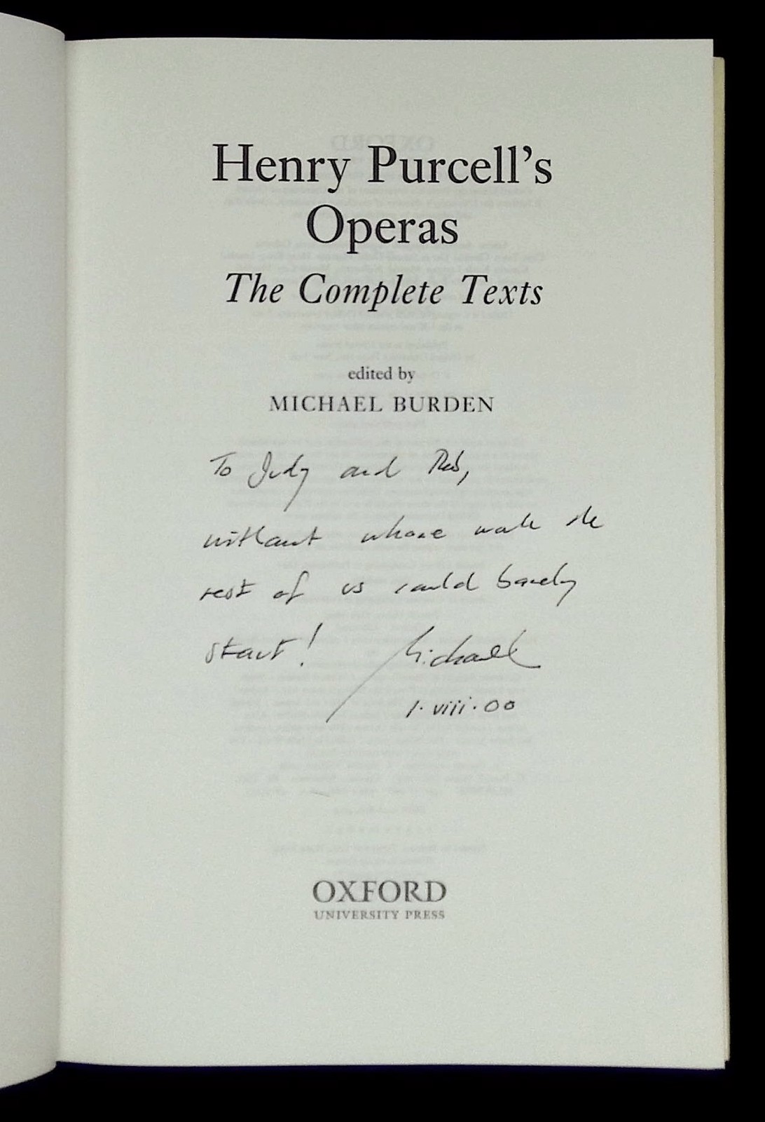 Michael Burden / Henry Purcell’s Operas The Complete Texts Inscribed Signed 1st