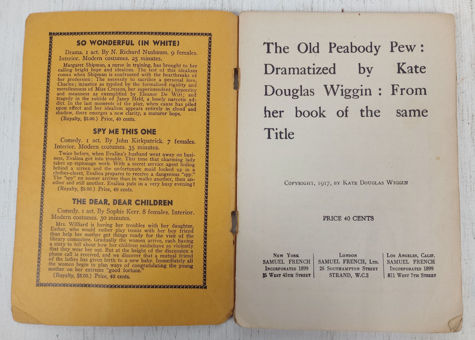 Antique Playbook: The Old Peabody Pew (1917 London New York LA) Samuel French