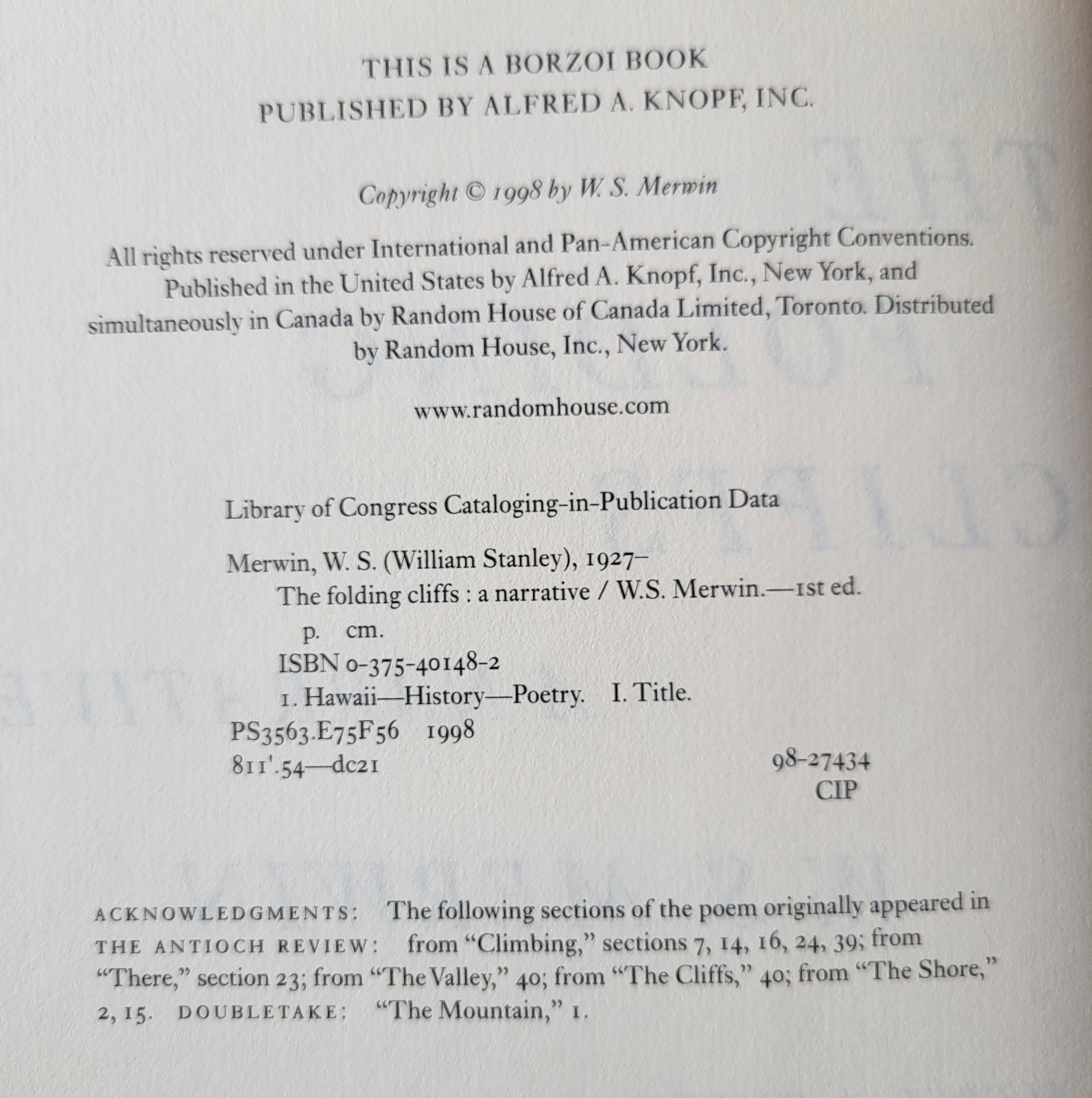 The Folding Cliffs – W. S. Merwin 1st Edition Hardcover with Dust Jacket 1998