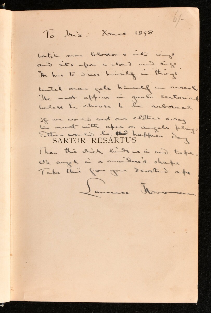 1898 Original Manuscript Poem Laurence Housman To Half Title Sartor Resartus