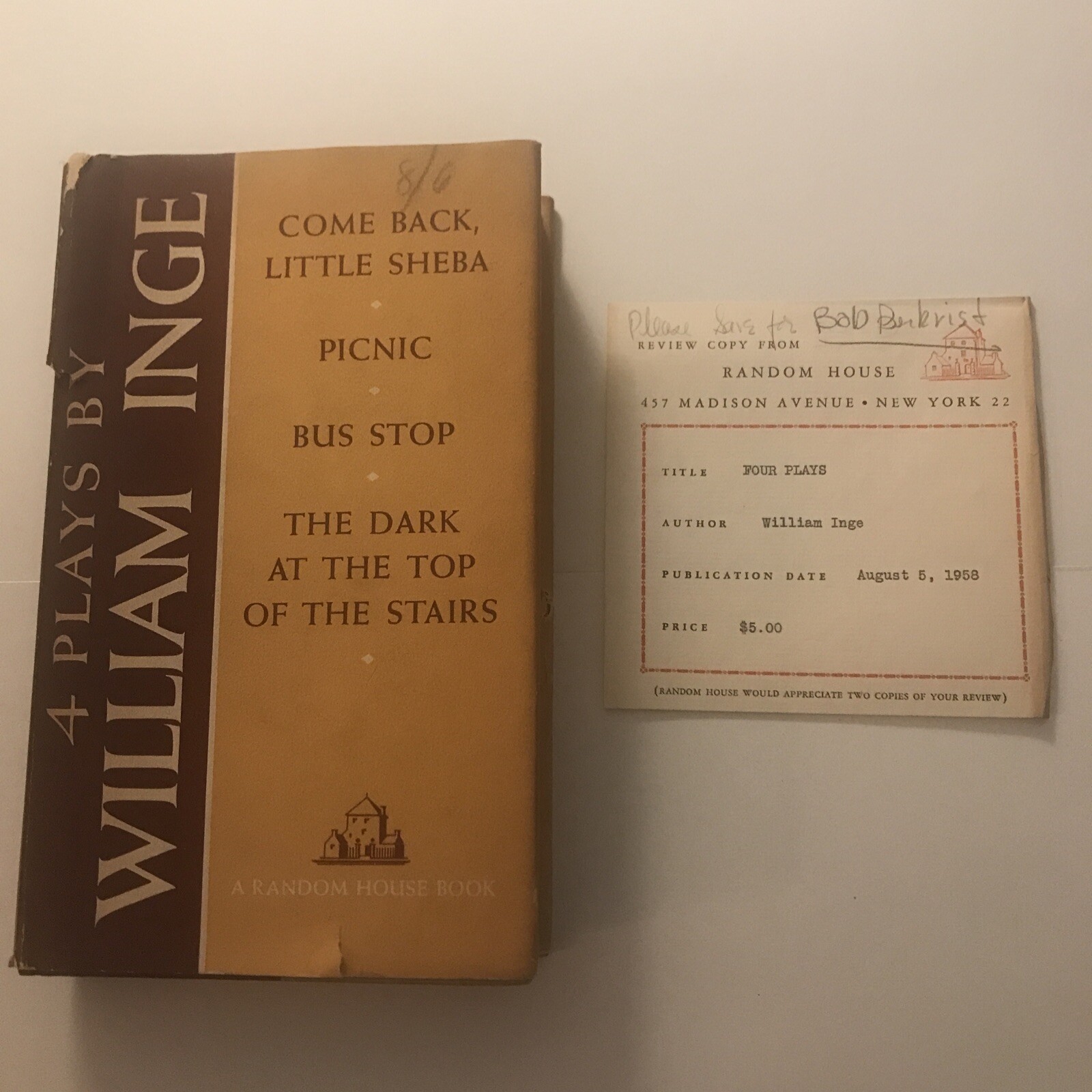 1st Edition 1st Printing of 4 Plays by William Inge 1958, Review Copy, H/C Book