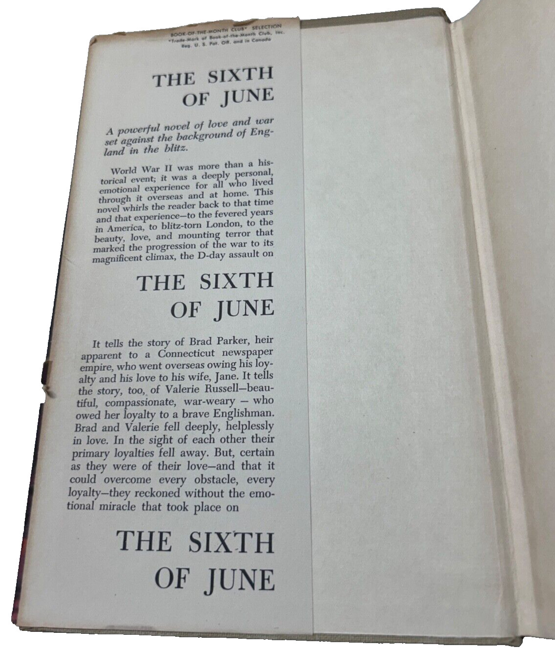 The Sixth Of June, A Novel Of WWII. Lionel Shapiro 1955. Book Club 1st Edition.
