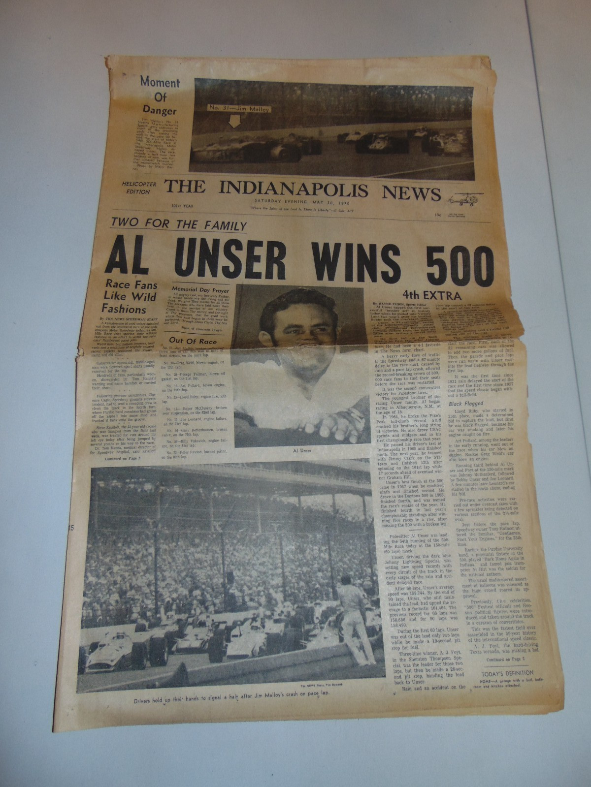 MAY 30, 1970 „THE INDIANAPOLIS NEWS“ NEWSPAPER: AL UNSER WINS INDY 500