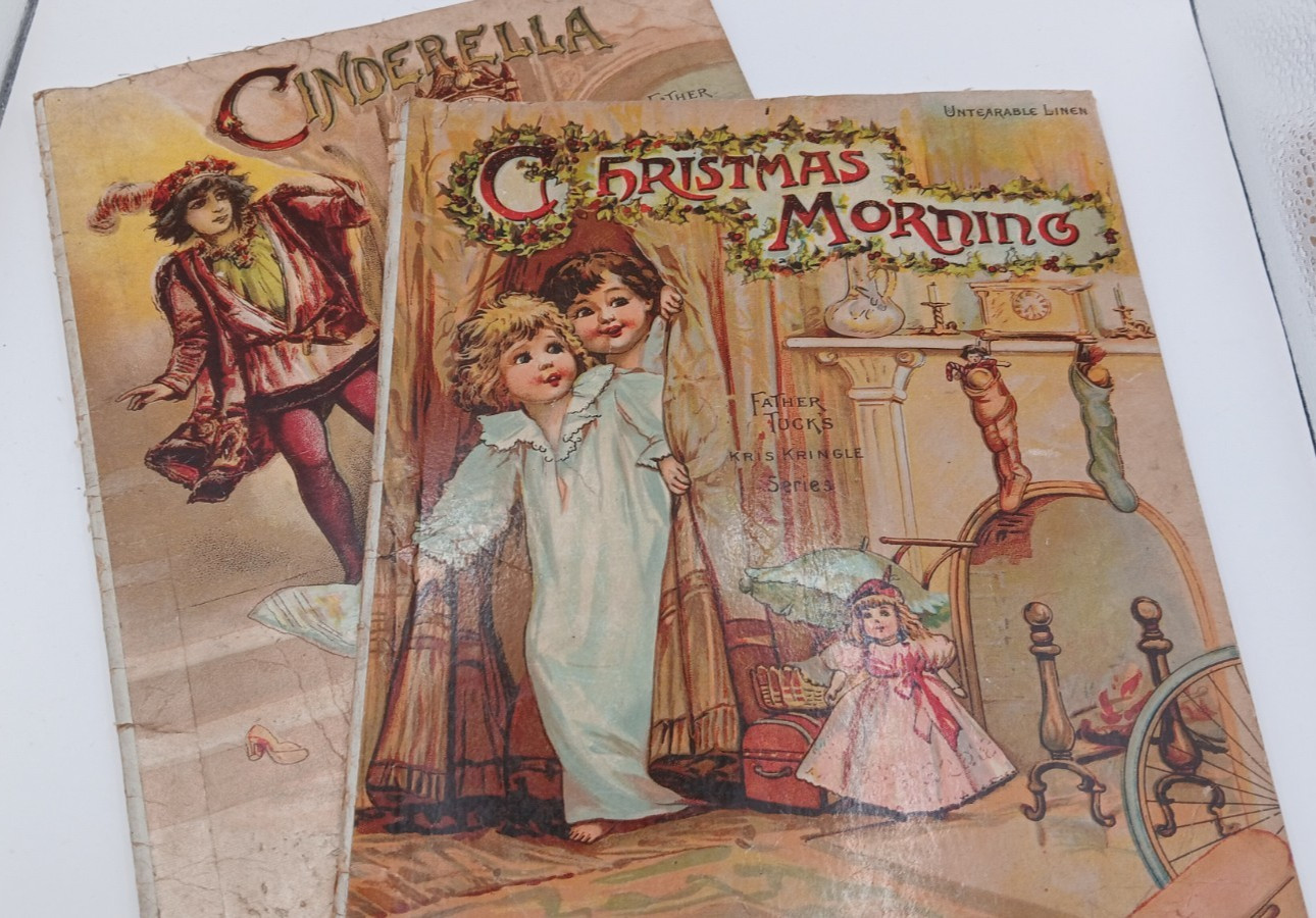 Antique Cinderella & Christmas Morning Linen Book Father Raphael Tuck & Sons Co