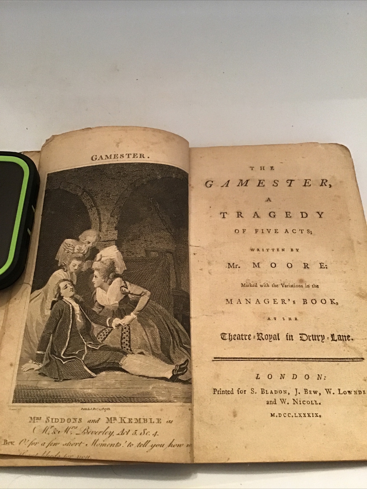 1789 The Gamester A Tragedy of Five Acts By Moore, Edward Manager’s Book Edition