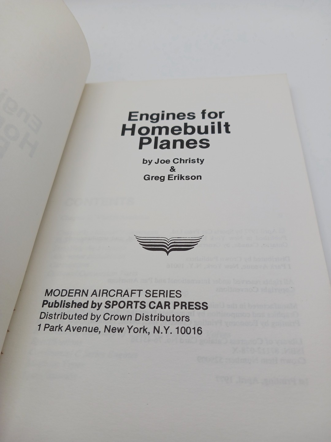 Engines for Homebuilt Planes Guide Book Christy Erikson 1977 Sports Car Press PB