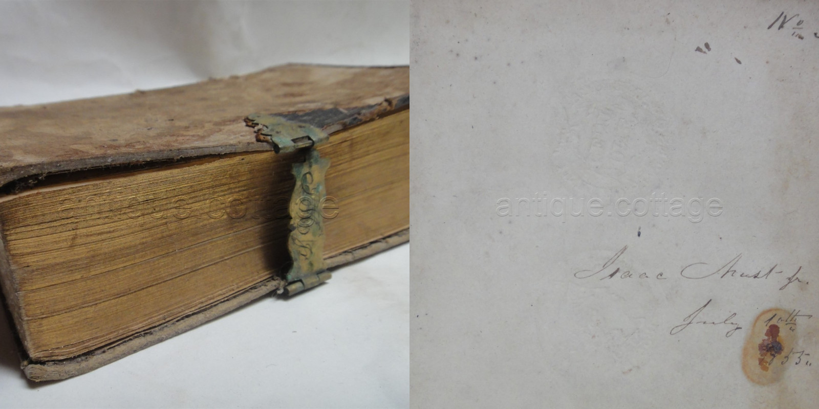 1854 antique BIBLE ot nt ISAAC MIST? HURST? w ENGRAVED BRASS CLASP 3.5″x5.5″