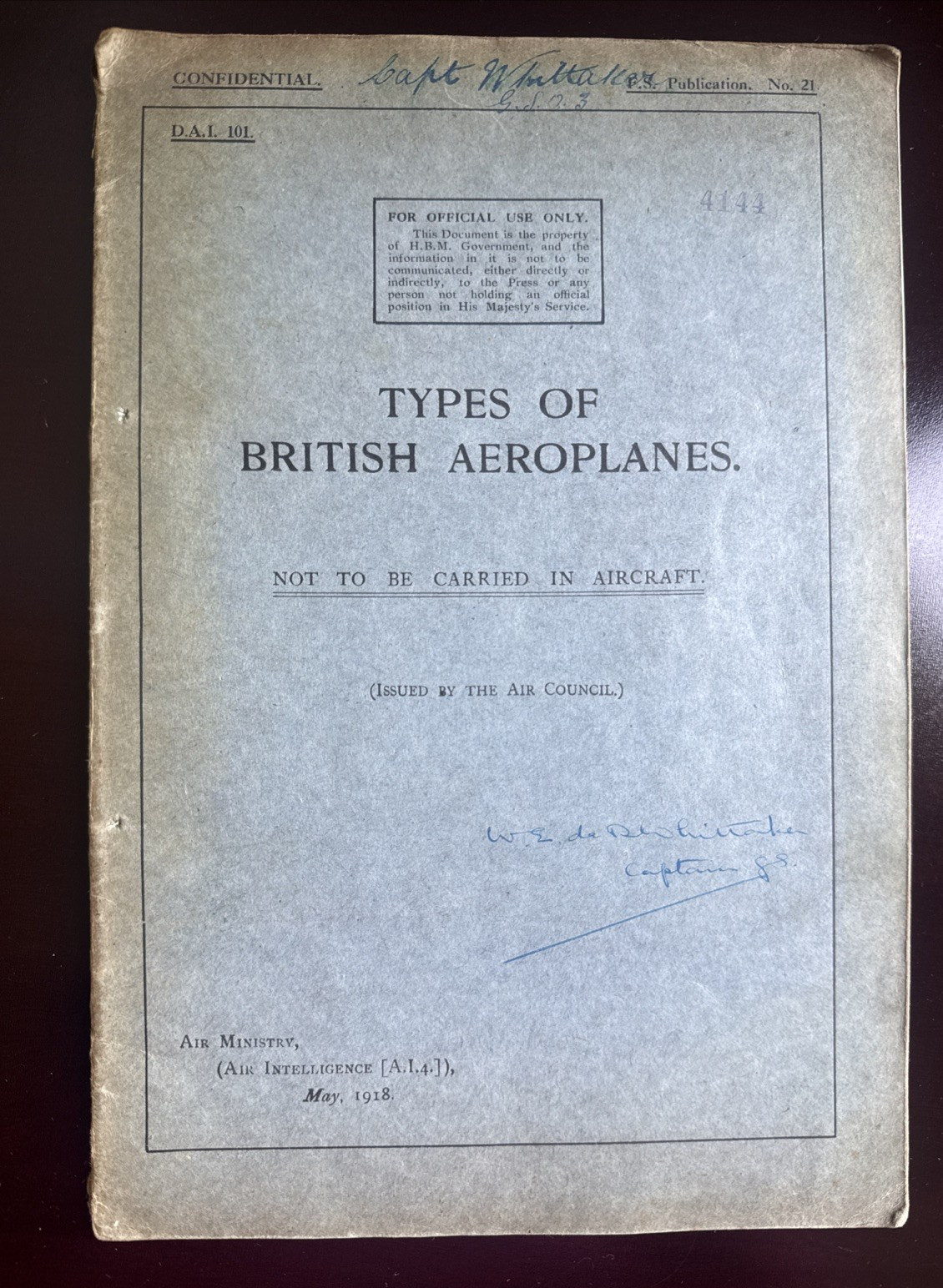 WWI Aeroplane Air Ministry Intelligence British Aeroplane, WWI Manual 1918
