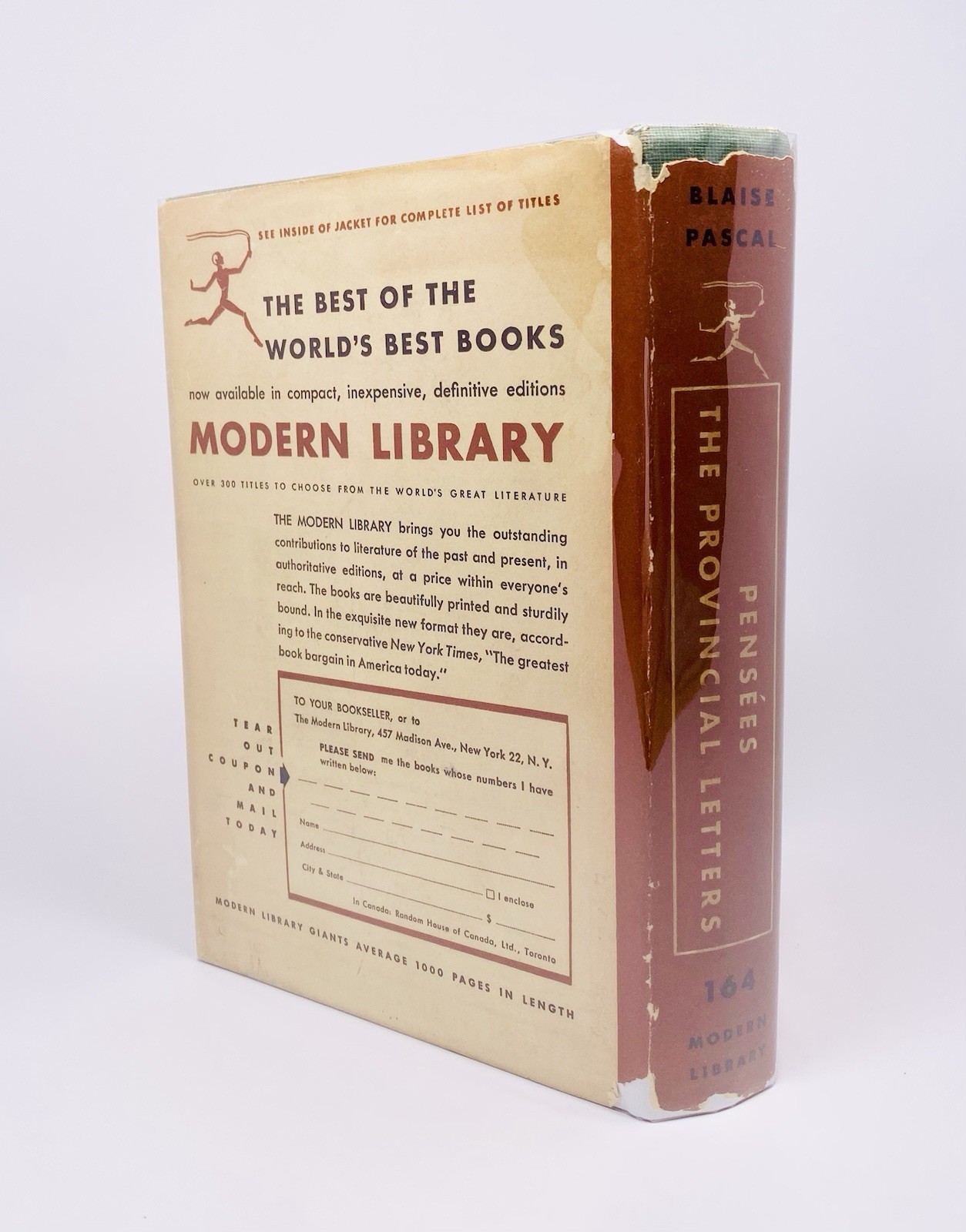 PASCAL, PENSÉES and PROVINCIAL LETTERS, MODERN LIBRARY, # 164, 1941, DJ in MYLAR