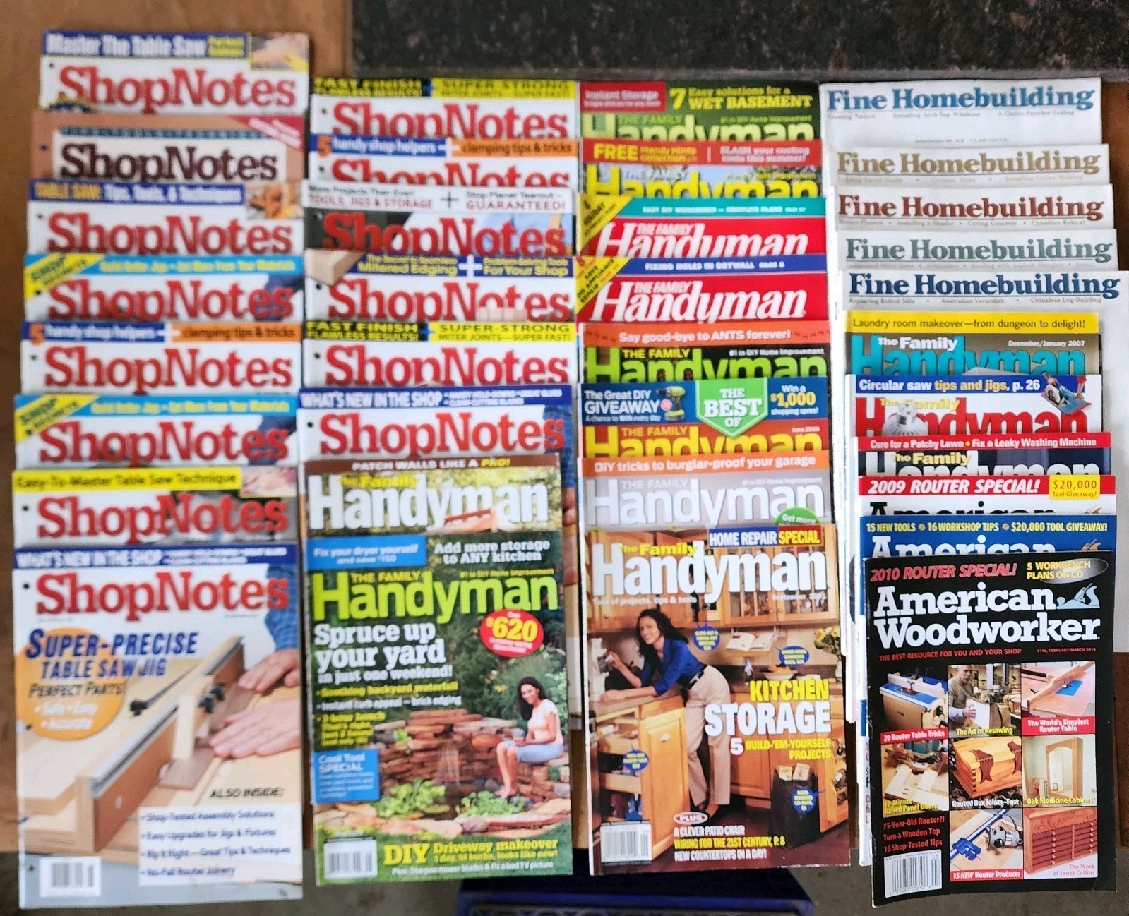 Lot Of 35 Woodworking Magazines • SHOP NOTES • Fine Woodworking • HANDYMAN 1990-