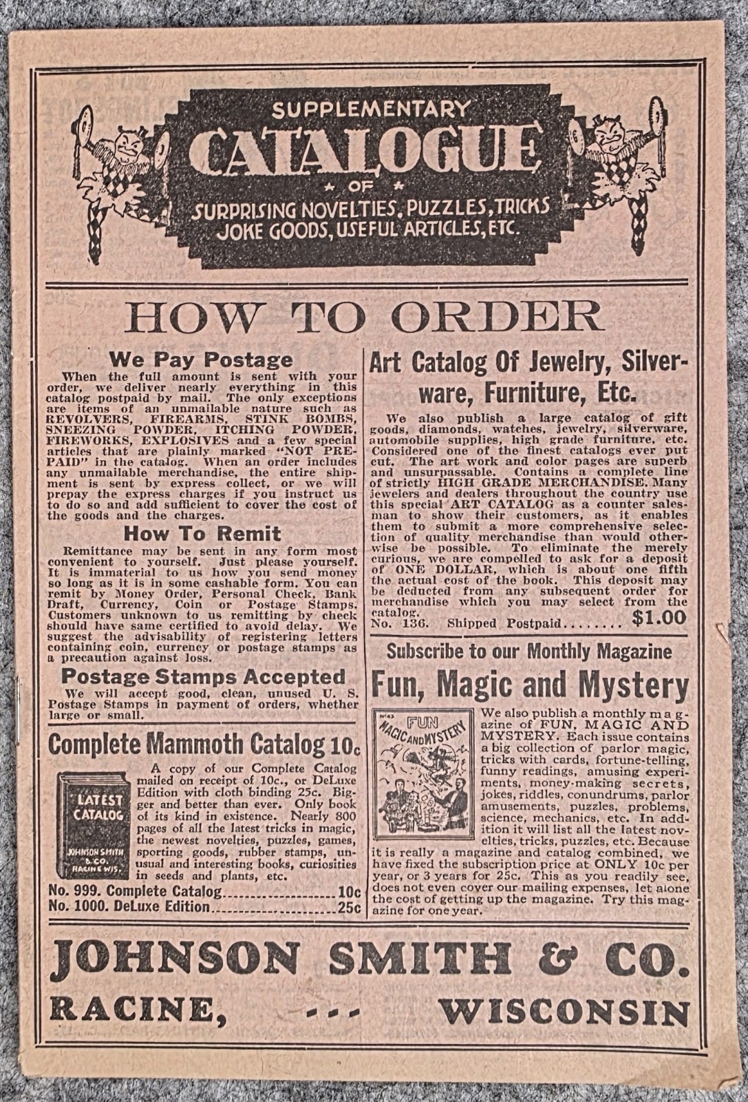 Vintage 1920s Johnson Smith & Co Novelties Catalog Racine Wisconsin
