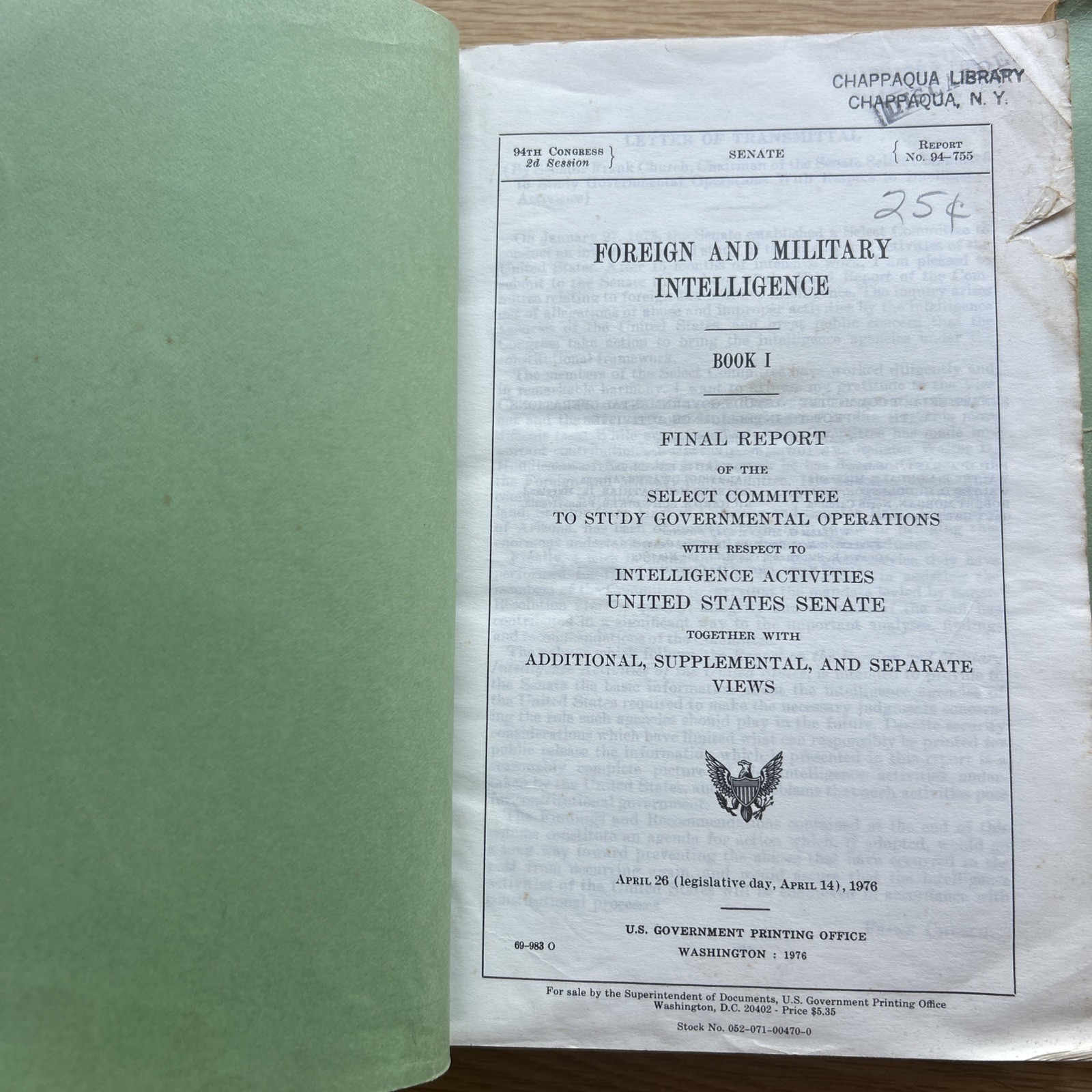 1976 Foreign & Military Intelligence Senate Investigation ~ Final Report I & II
