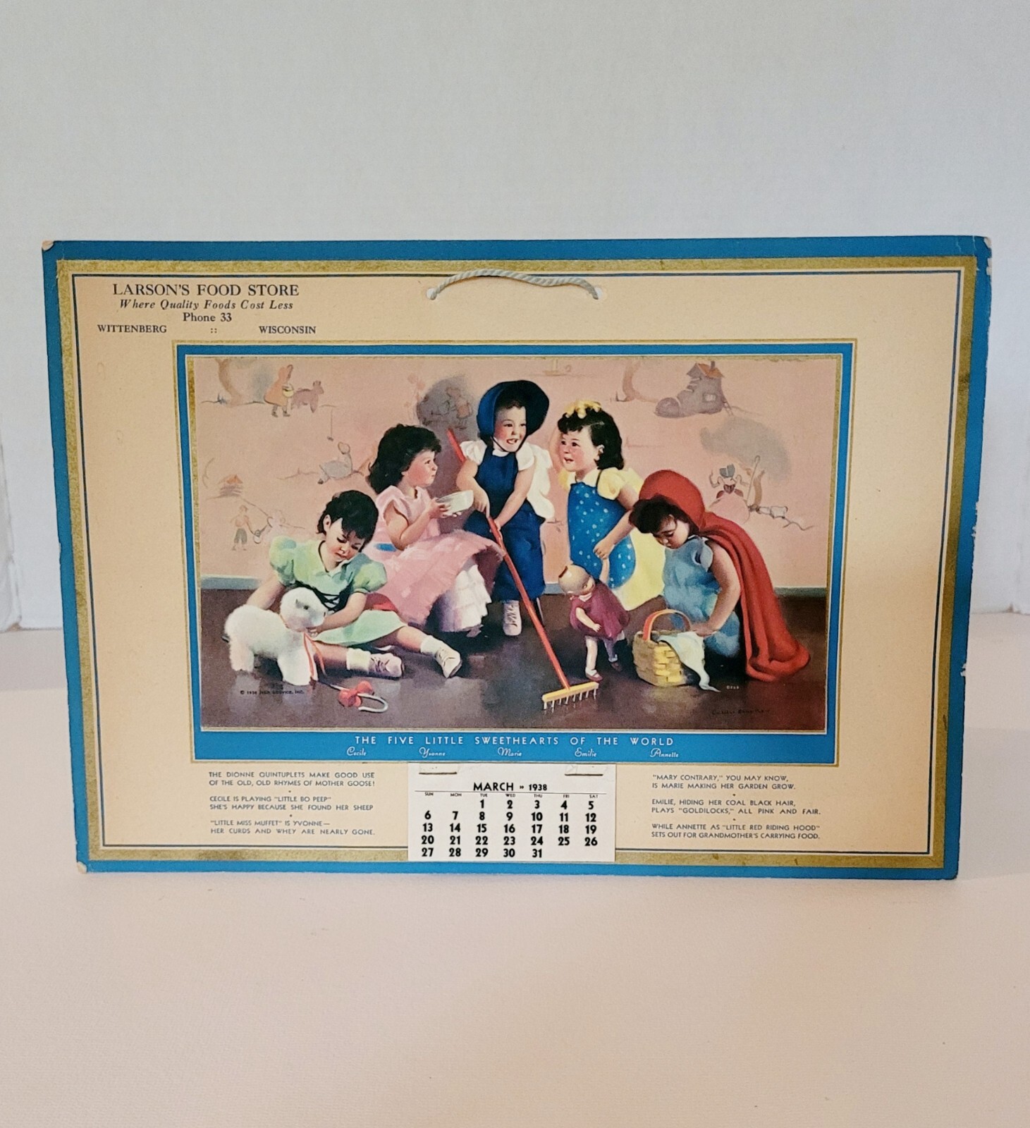 VINTAGE 1938 DIONNE QUINTUPLETS CALENDAR-MAR THRU DEC-FROM LARSONS FEED STORE
