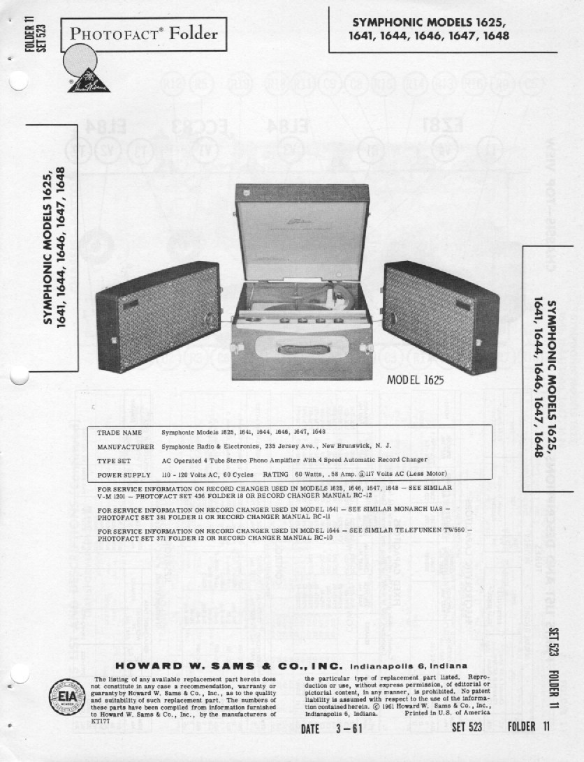 Symphonic – 1625 – Record Changer -Original Service Manual -1961