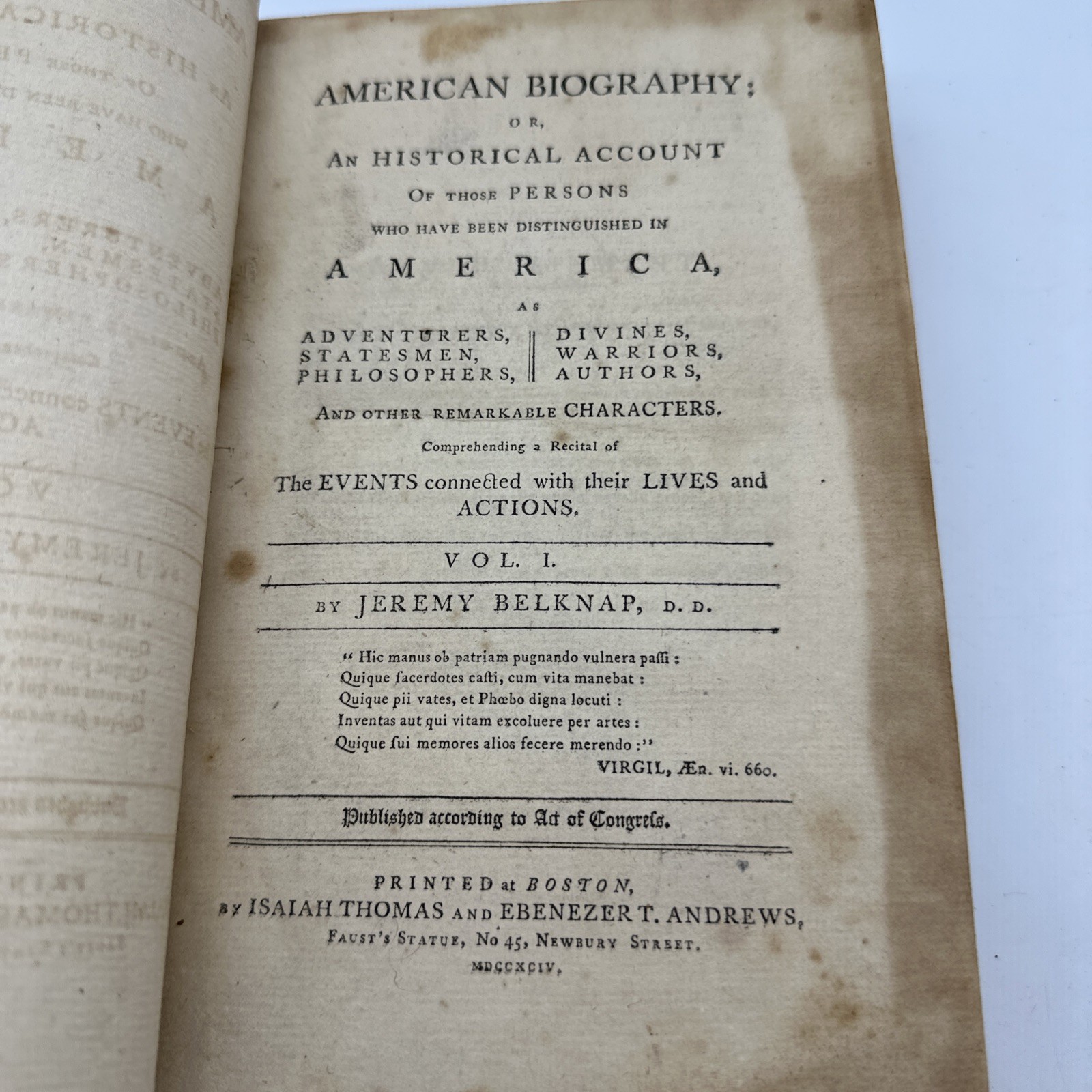 Belknap American Biography Vol I 1794 Boston Isaiah Thomas Leather 46-5