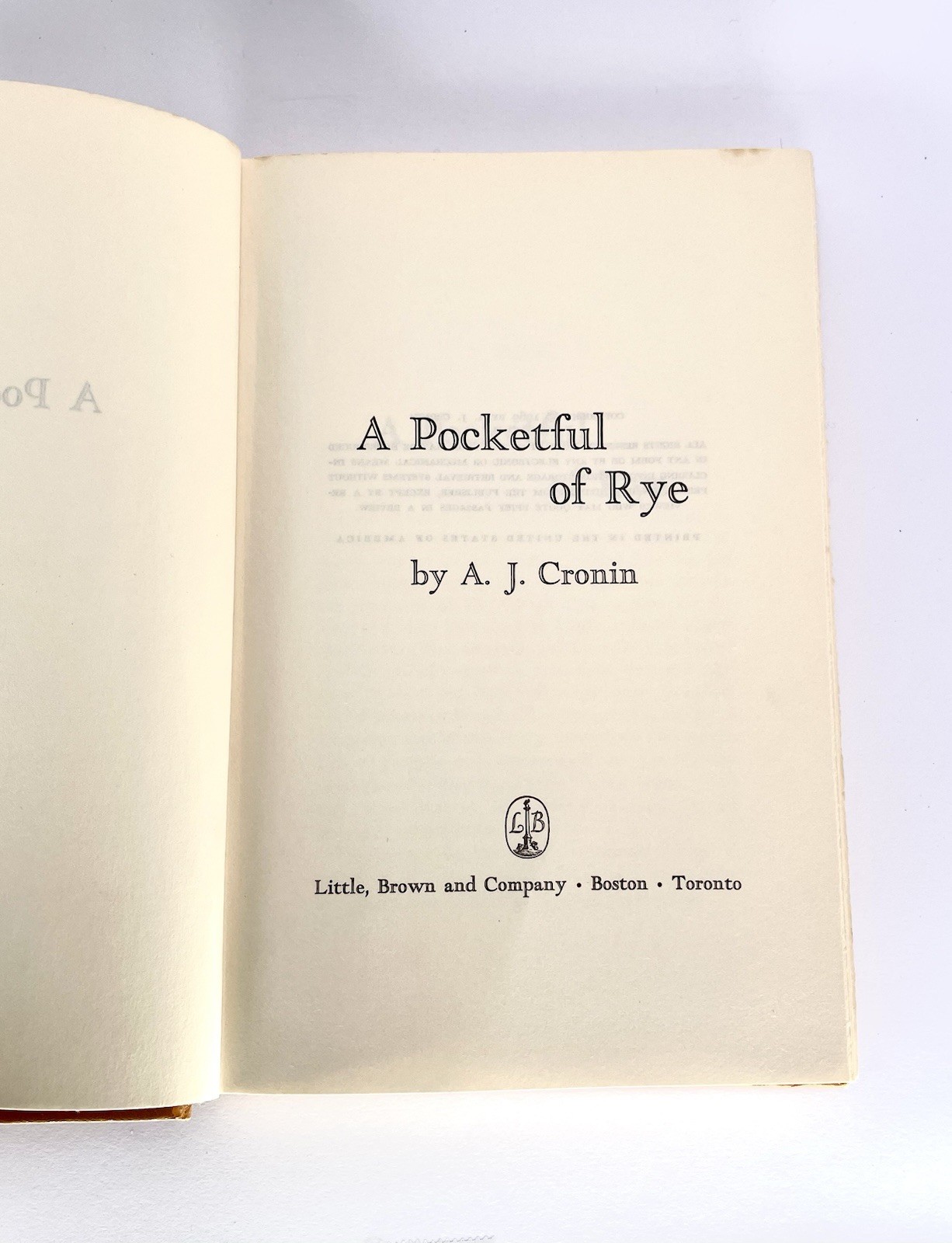 1969vintage A Pocketful Of Rye A.J. Cronin 1st Edition 1stPrinting Hardcover