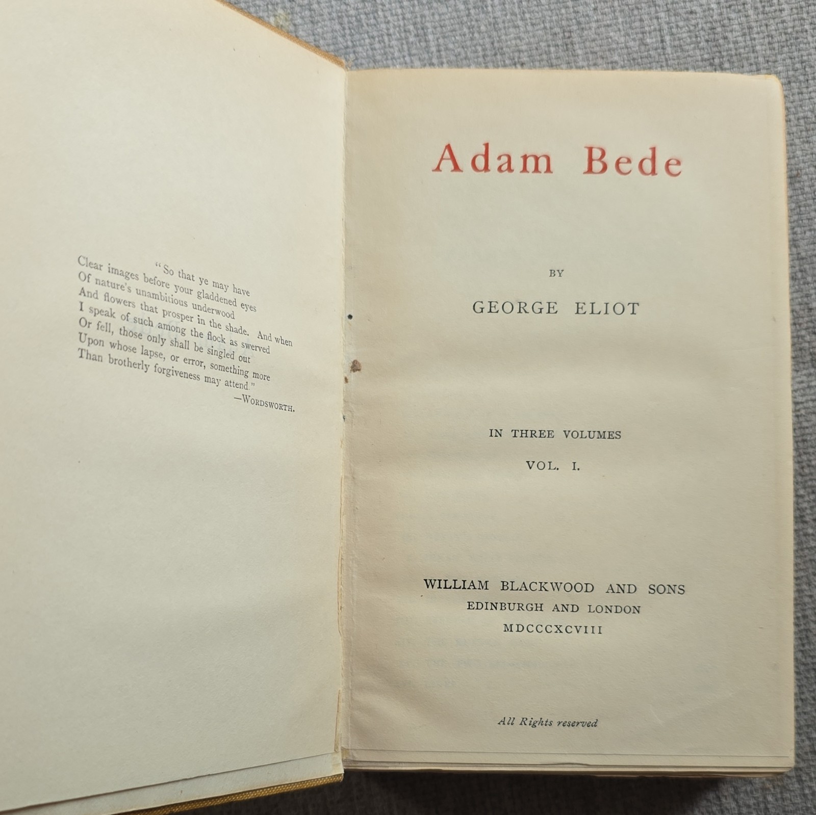 George Eliot Adam Bede Vol I 1857 Blackwood Edinburgh London Hardcover 3 Vol