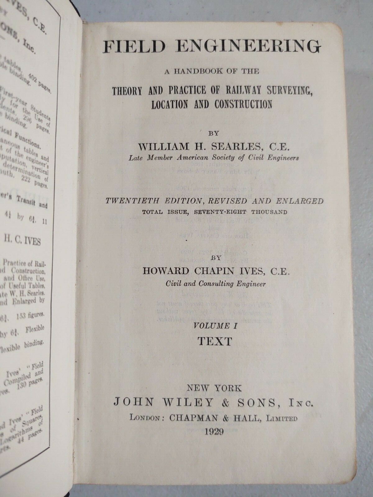Field Engineering Text Tables Book Searles Ives John Wiley and Sons 1929 VTG
