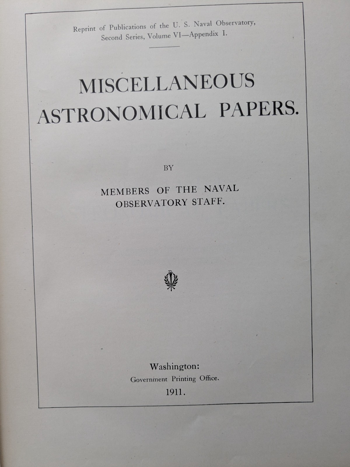 Misc Astronomical Papers U.S. Naval Observatory 1911 Vol. VI Appendix I Original