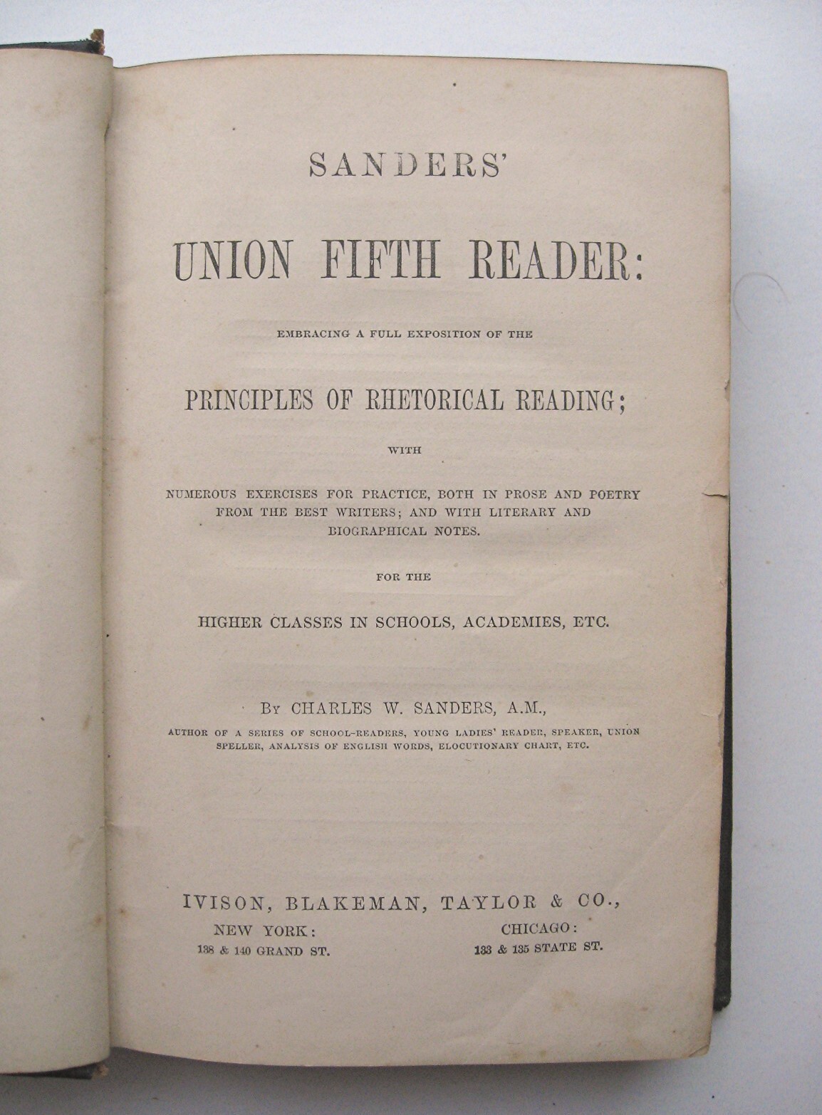 UNION FIFTH READER ~ Charles W. Sanders HC 1867 Leather Spine, Marbled Edges -K1