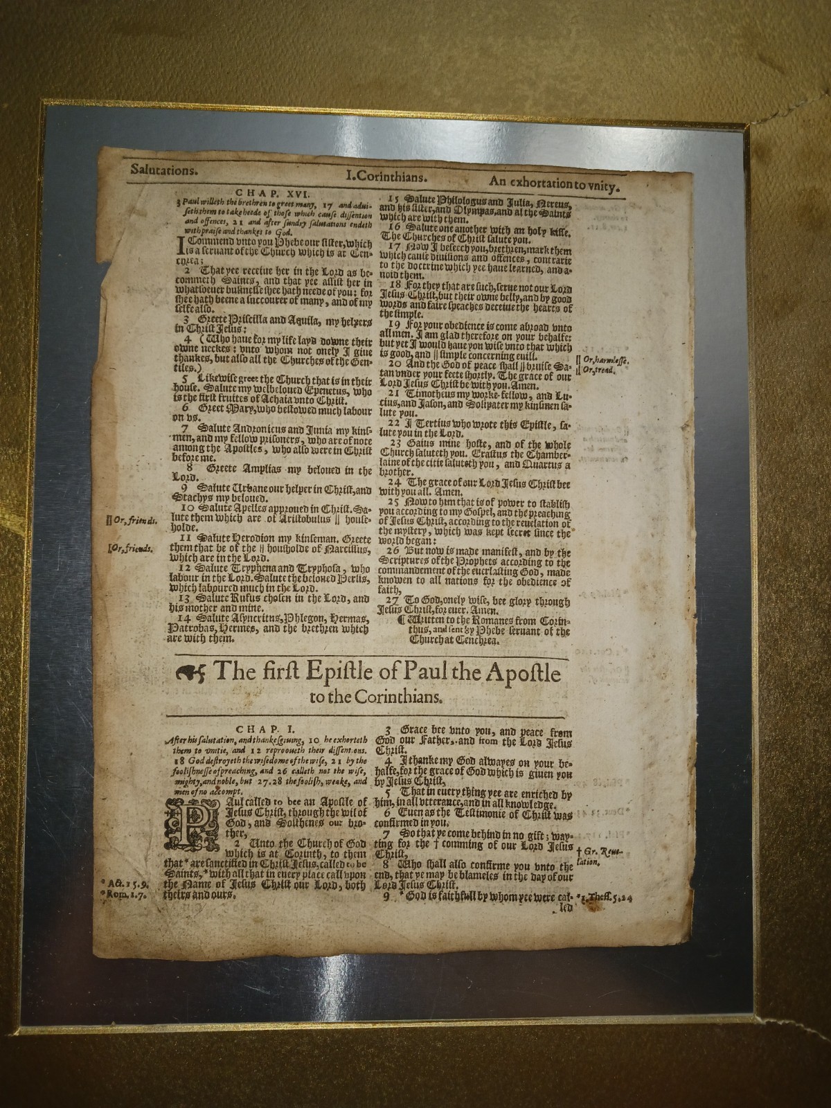 1614 King James Bible Leaf (’81) Romans 14:16 to 1st Corinthians 1:9