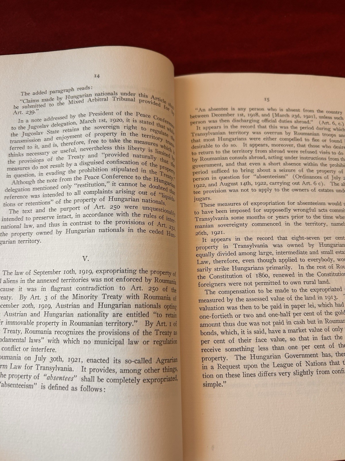 Borchard League of Nations Roumania Hungary Dispute 1921 Agrarian Law Transylvan
