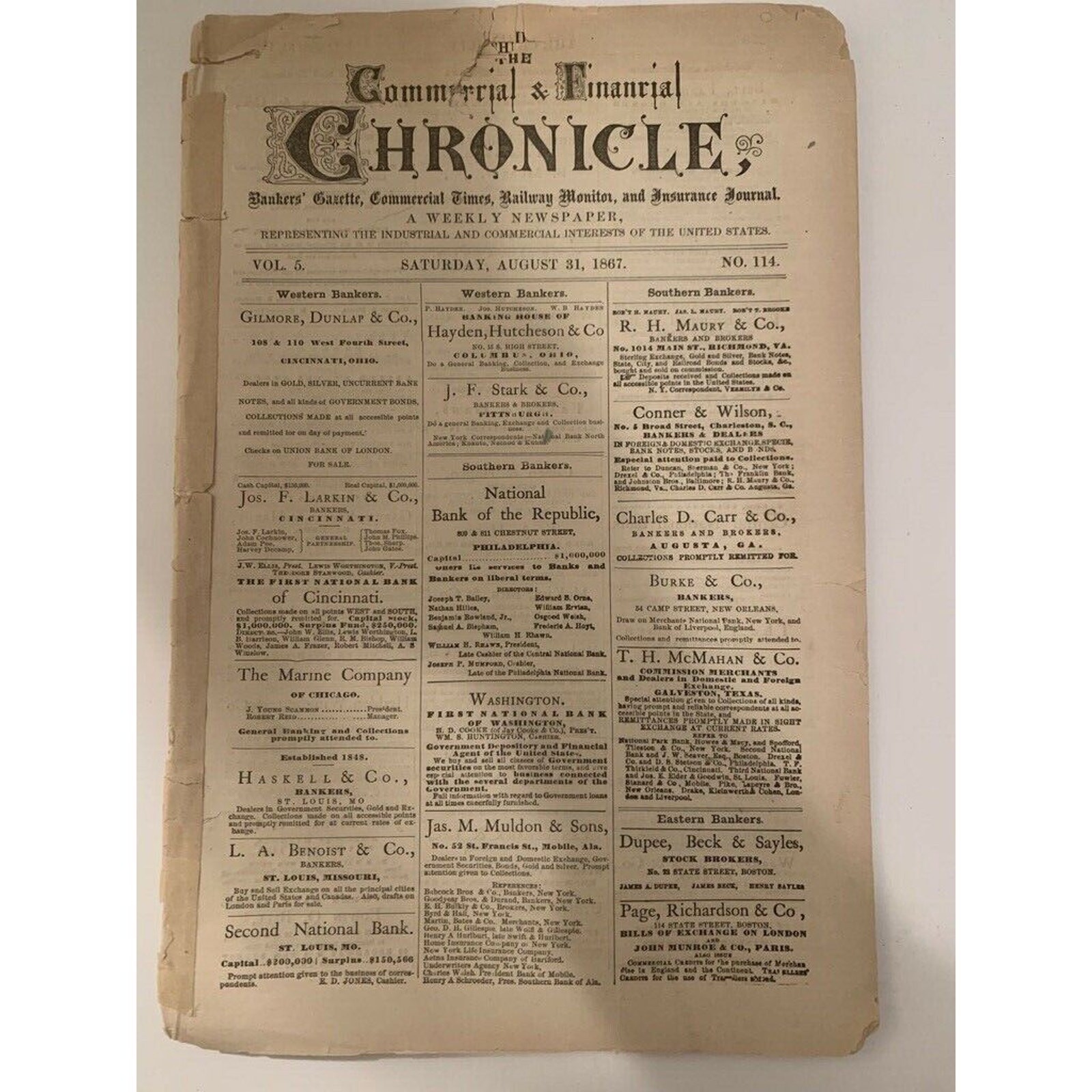 Commercial & Financial Chronicle Aug 31 1867 Vol 5 No 114 Original Newspaper