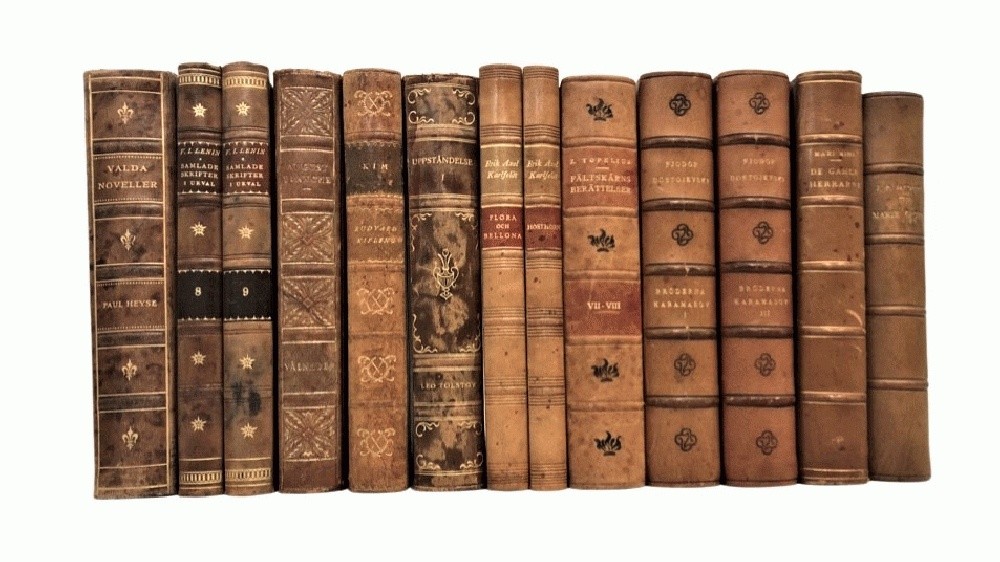 Lot of 13 leather FINE BINDING classics Swedish Decorator~Lenin~Tolstoy~Dostoj..