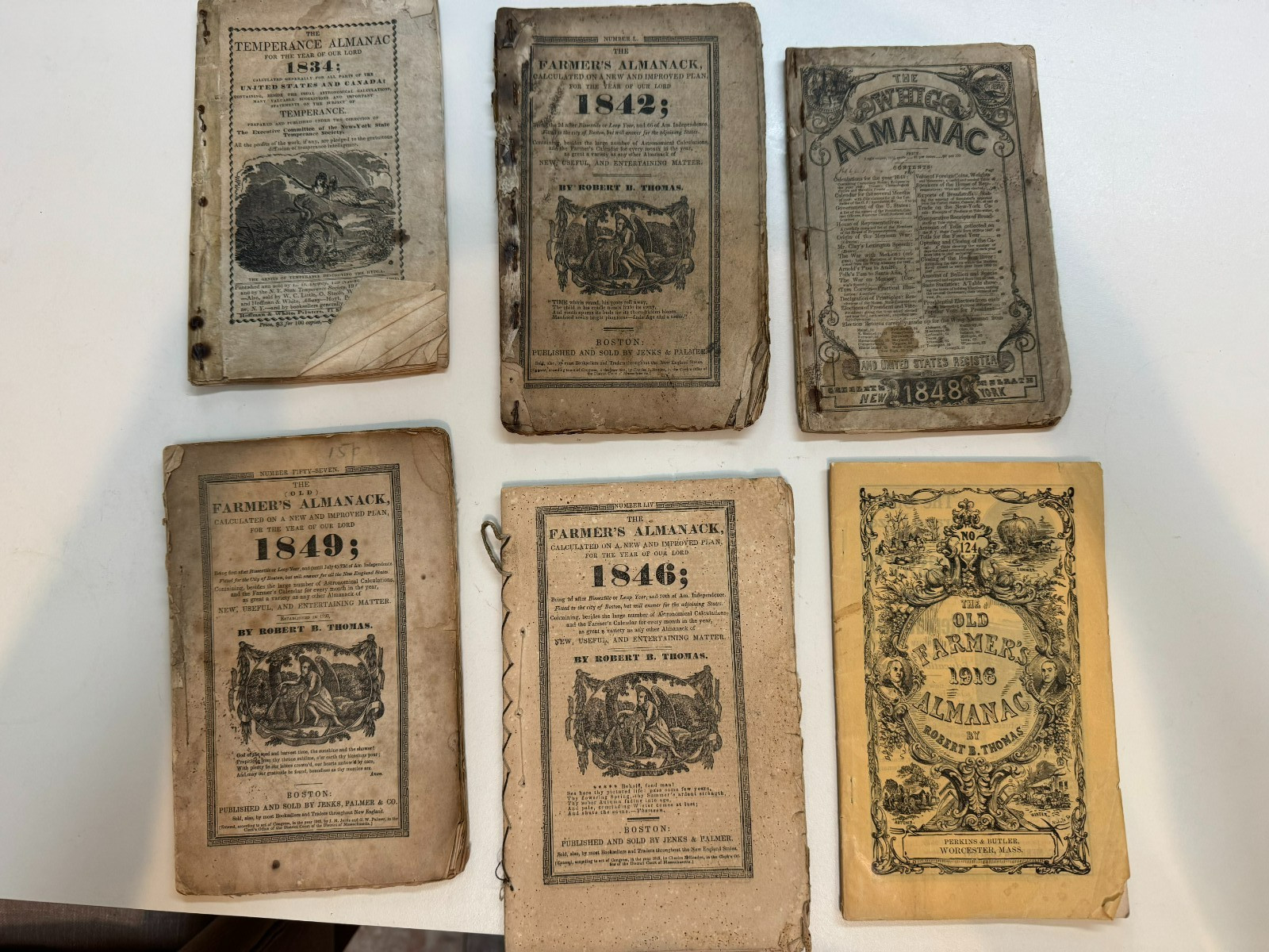 Lot of 6 Antique Almanacs: Farmer’s 1842, 46, 49, 1914 – Temperance 1834 – Whig