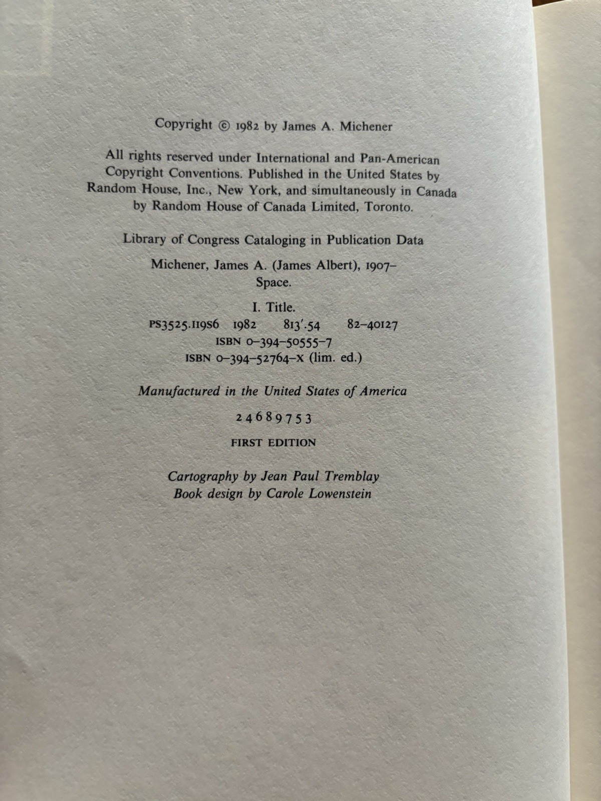 SPACE by James A. Michener – FIRST EDITION 1982 Random House HC/DJ
