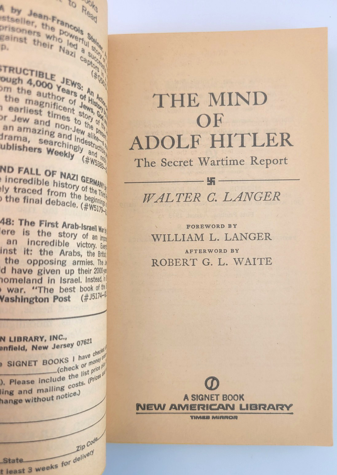 Mind of Adolf Hitler Walter Langer 1973 OSS Secret Report Signet Paperback Book