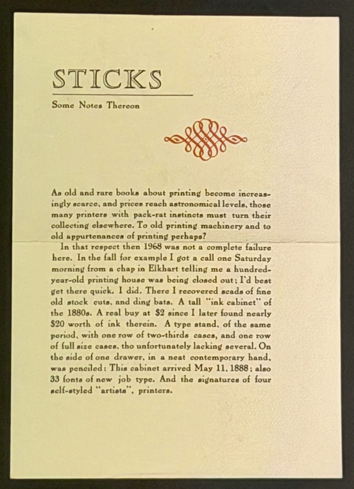 James Lamar Weygand / STICKS Some Notes Thereon 1st Edition