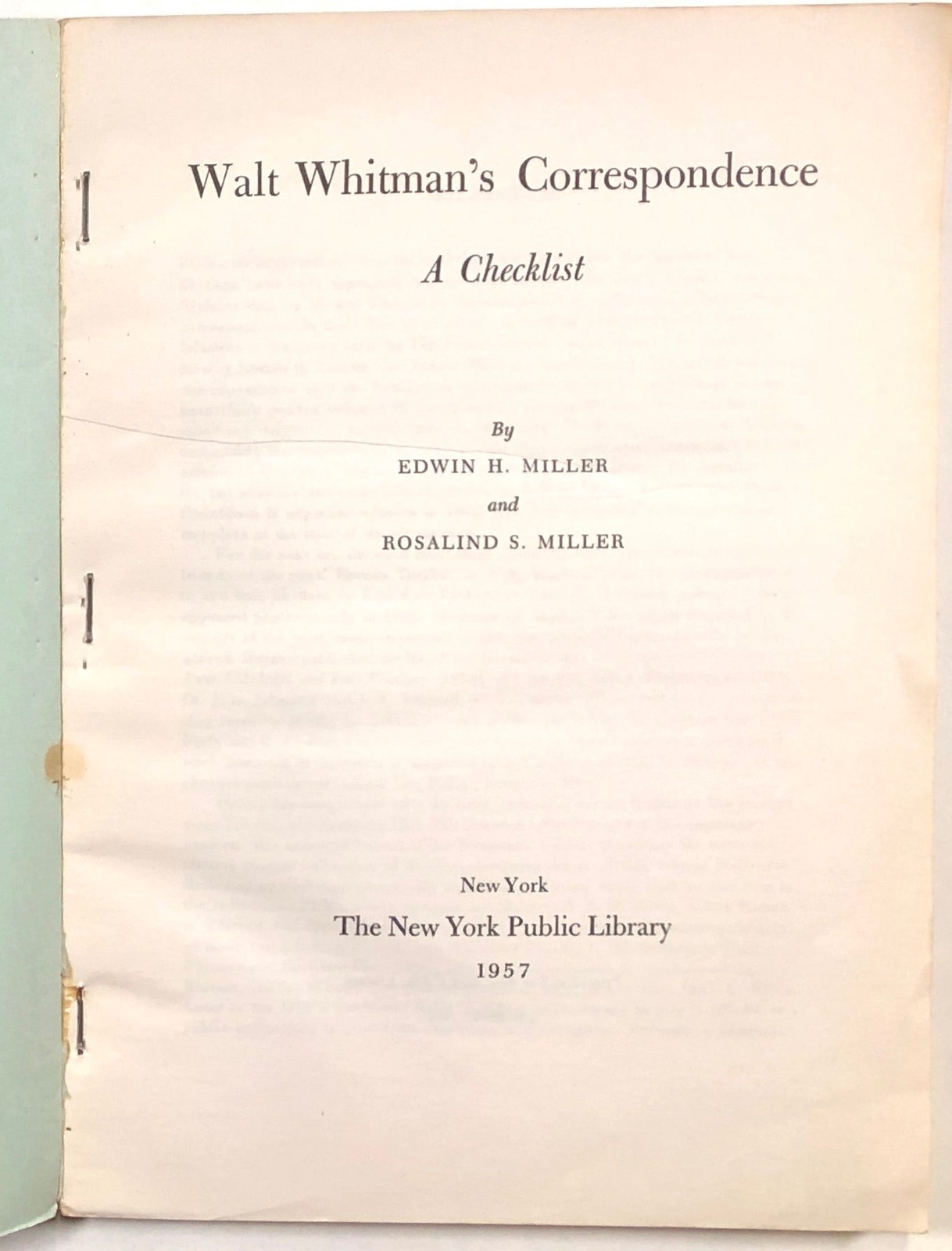 Edwin H Miller / Walt Whitman’s Correspondence A Checklist 1st Edition 1957