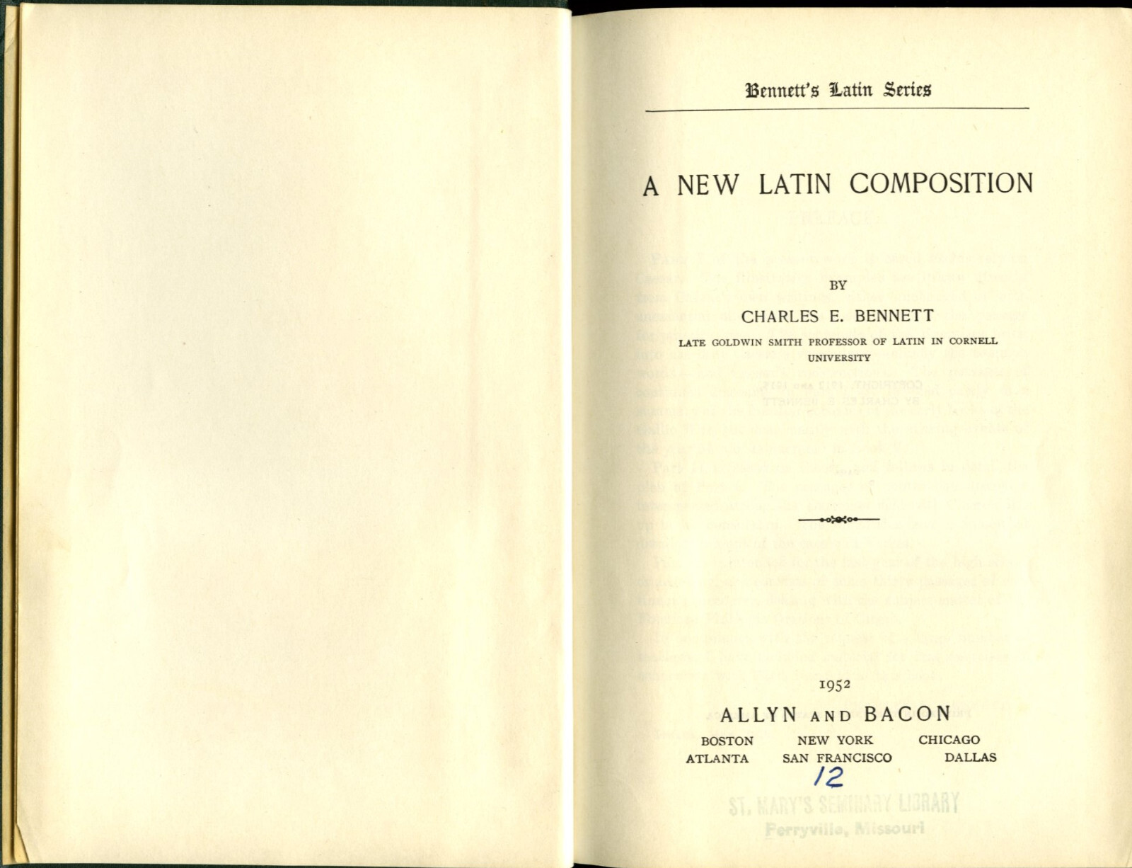 A New Latin Composition by Charles E. Bennett 1952 EX. LIB.(STLB)