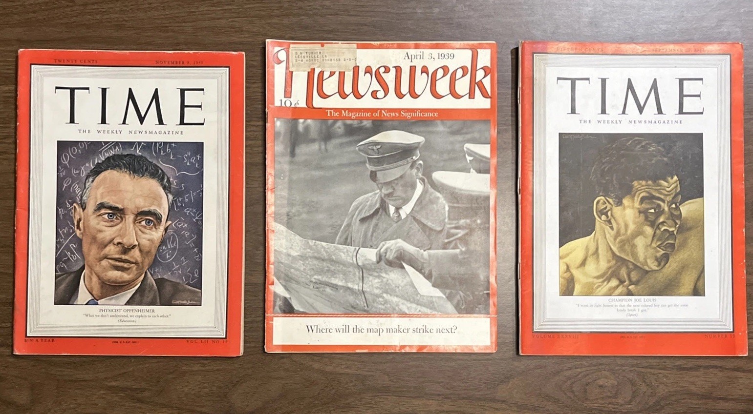 Robert Oppenheimer Time Magazine Newsweek featuring Adolph Hitler Joe Louis
