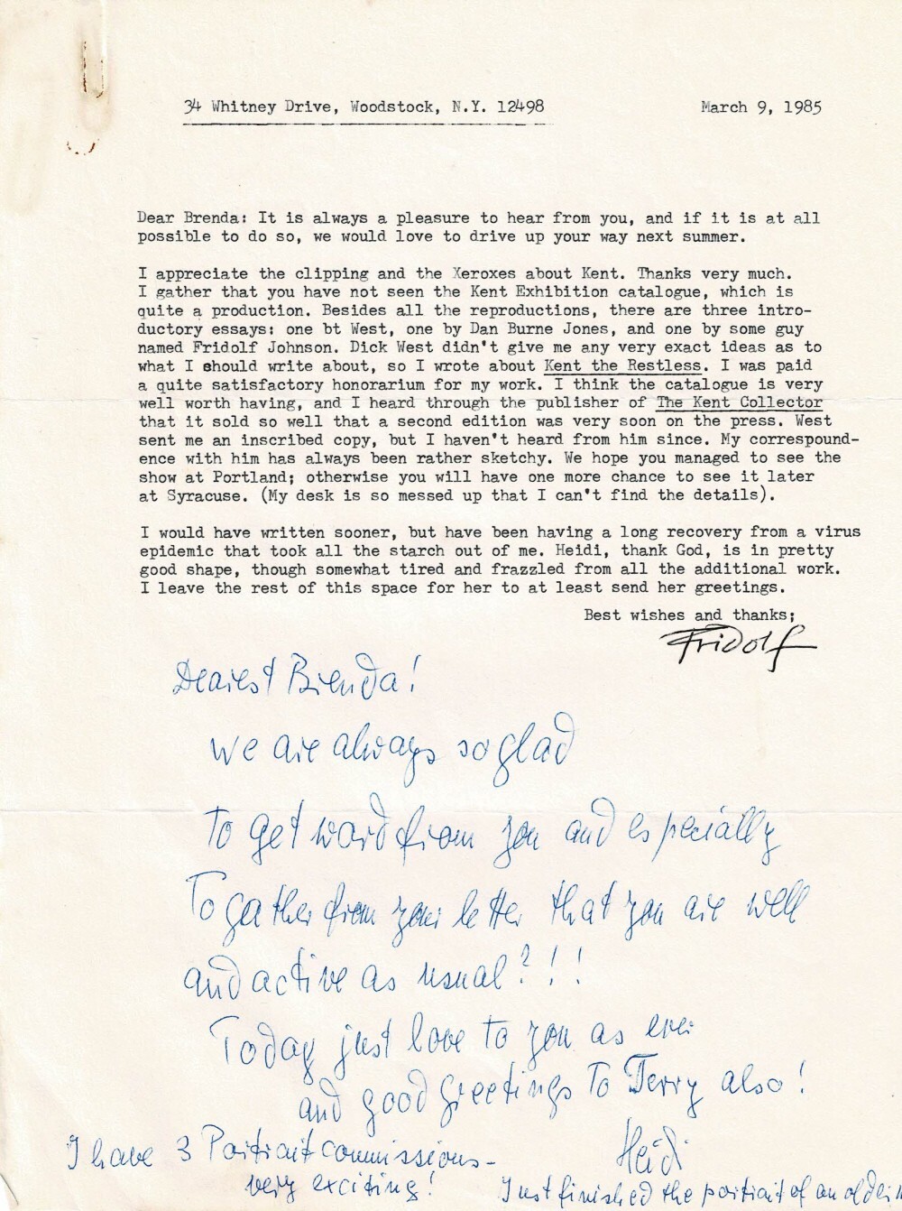 1985 LETTER SIGNED by FRIDOLF JOHNSON w/ NOTE by HEIDI LENSSEN re. Rockwell Kent
