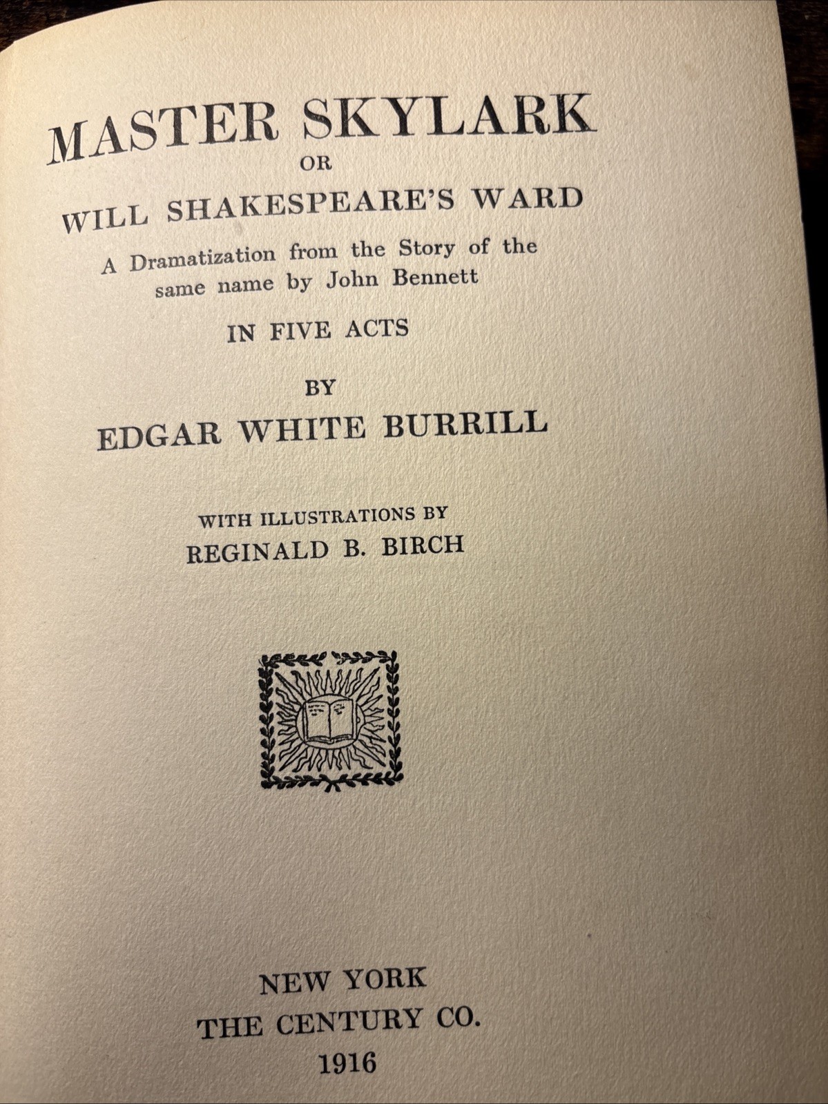 MASTER SKYLARK by JOHN BENNETT dramatized by Edgar Burrill 1916 HC Play In 5acts