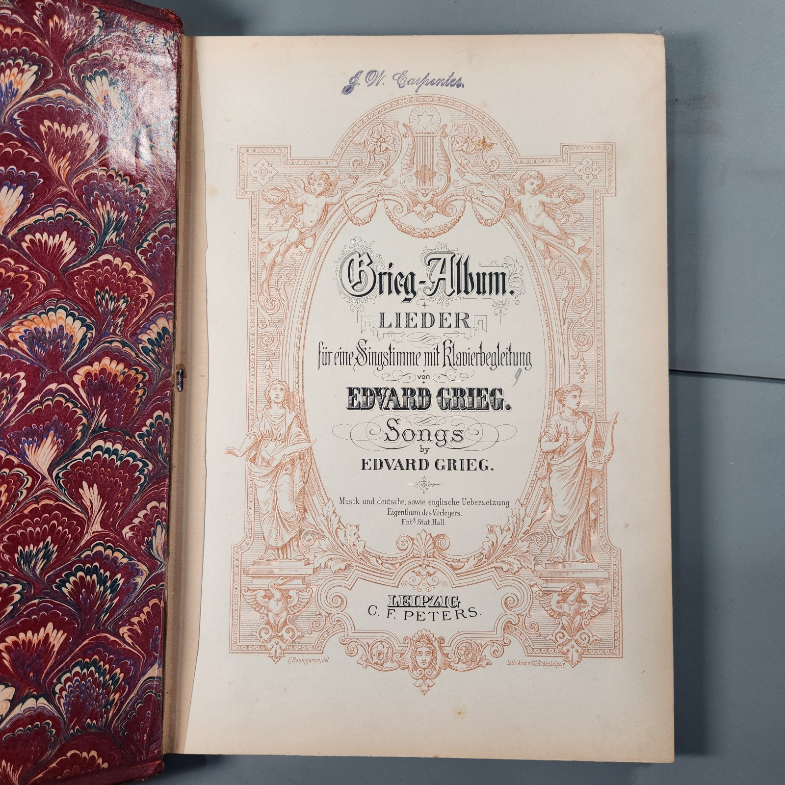 Antique Edvard Grieg Songs Album C.F. Peters Leipzig Half Leather Marbled 1880s