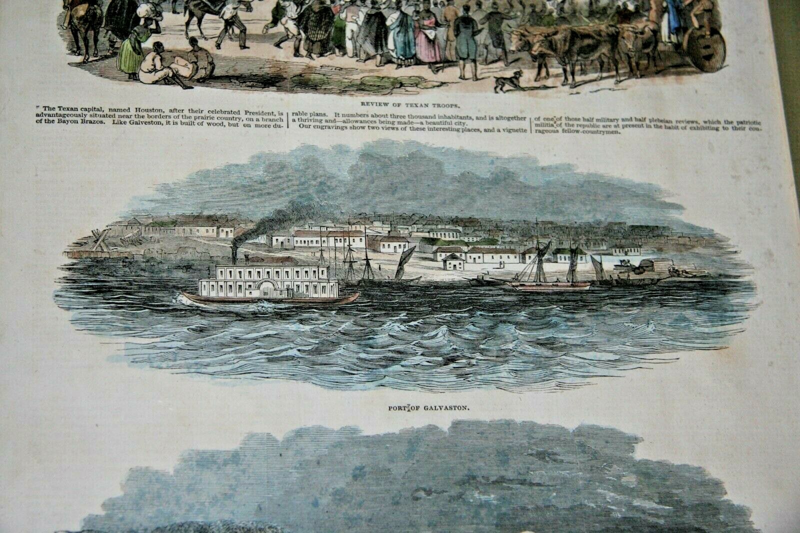 The Illustrated London News July 1845 Hand Colored Engraving Galveston Houston