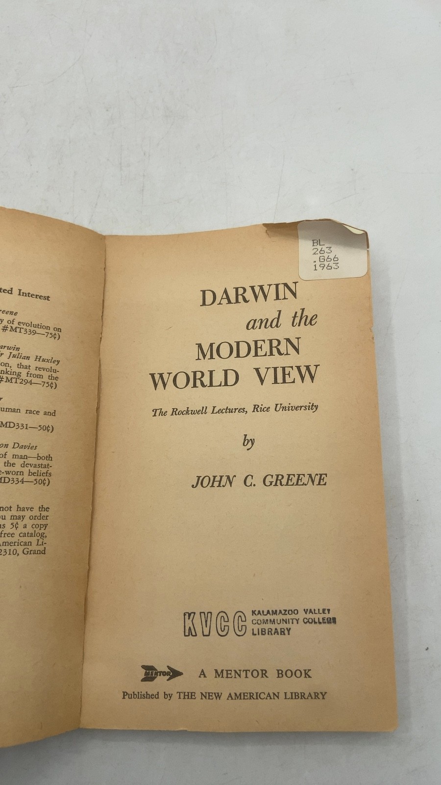 Darwin and the Modern World View John C. Greene Paperback First Printing, Feb…