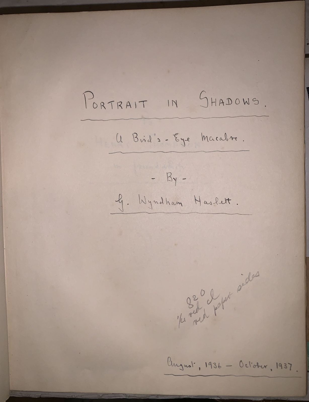 G. WYNDHAM HASLETT ARCHIVE, 1926-38, MANUSCRIPTS, TYPESCRIPTS, OCCULT FICTION